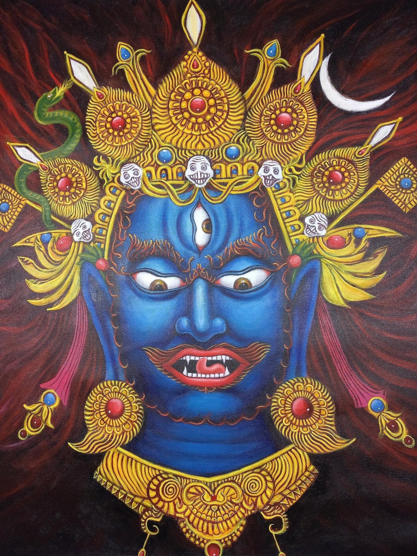 Original Hand - painted Bhairava Face High - Quality Masterpiece Acrylic On Canvas Painting - Tibetan Thangka Art