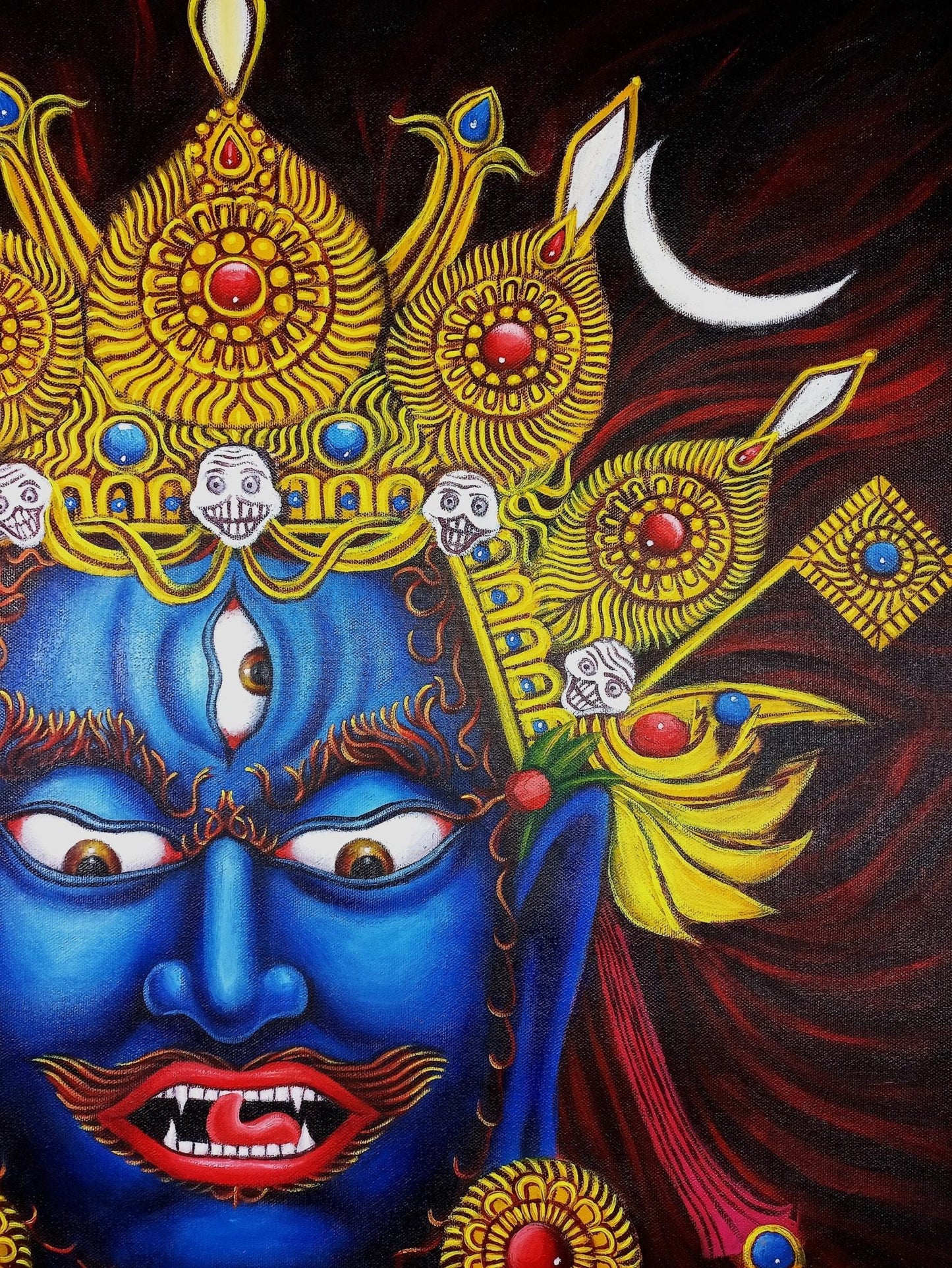 Original Hand - painted Bhairava Face High - Quality Masterpiece Acrylic On Canvas Painting - Tibetan Thangka Art