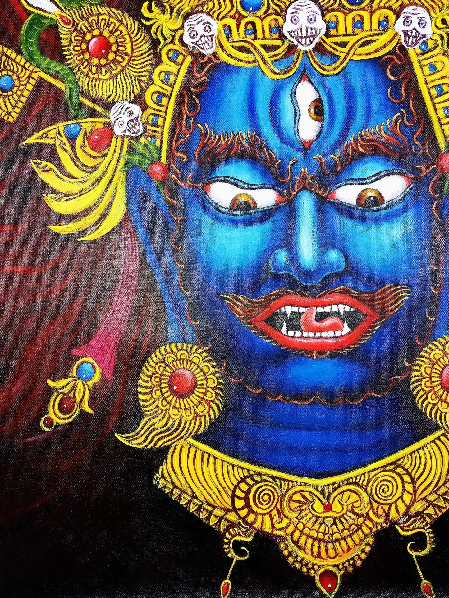 Original Hand - painted Bhairava Face High - Quality Masterpiece Acrylic On Canvas Painting - Tibetan Thangka Art