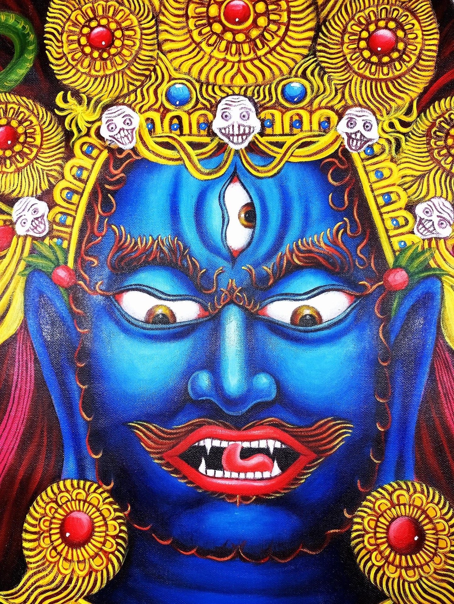 Original Hand - painted Bhairava Face High - Quality Masterpiece Acrylic On Canvas Painting - Tibetan Thangka Art