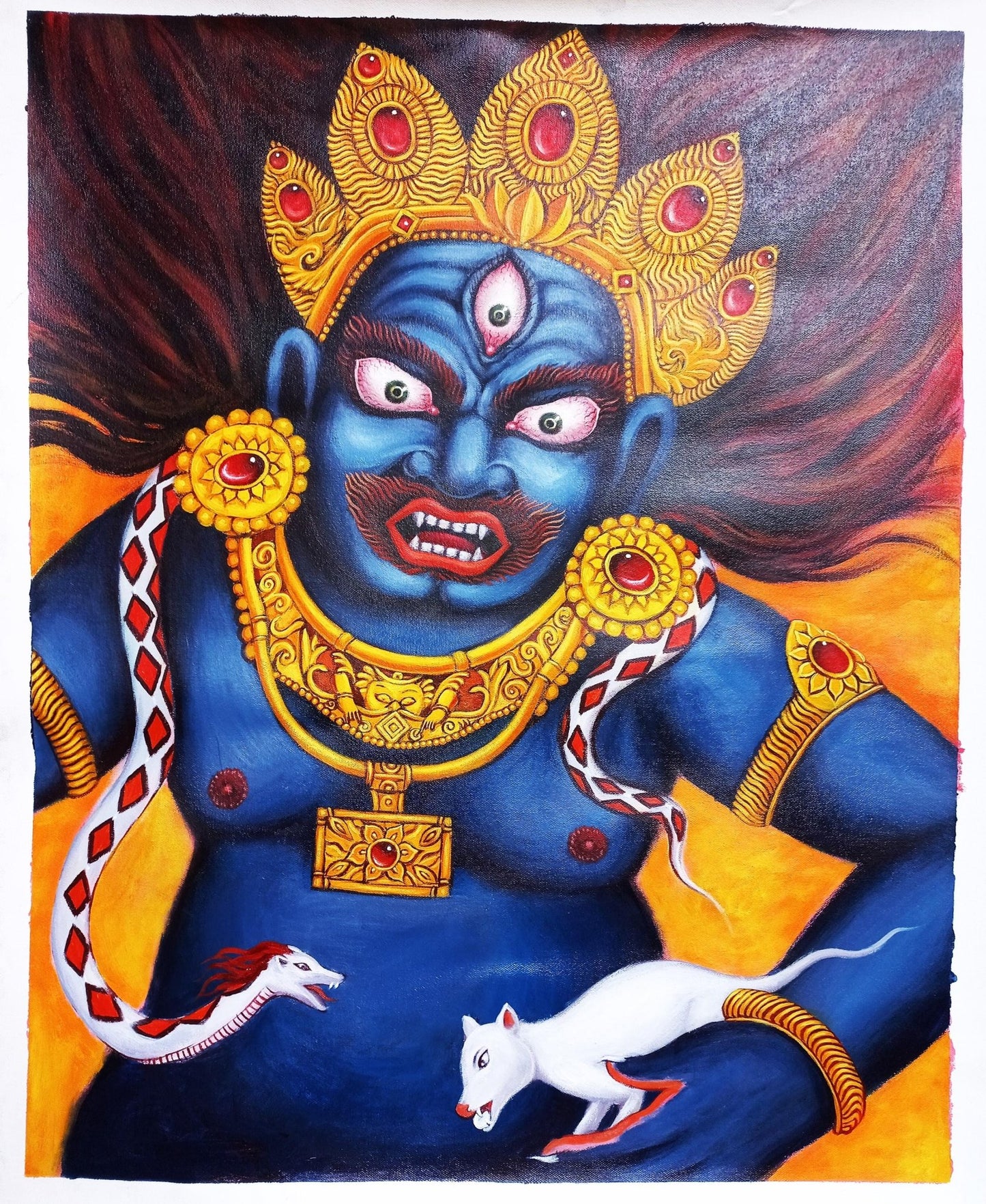 Original Hand Painted Black Jambhala / Kubera/ God of Wealth/ Acrylic Painting on Canvas Compassion / Meditation Painting - Tibetan Thangka Art