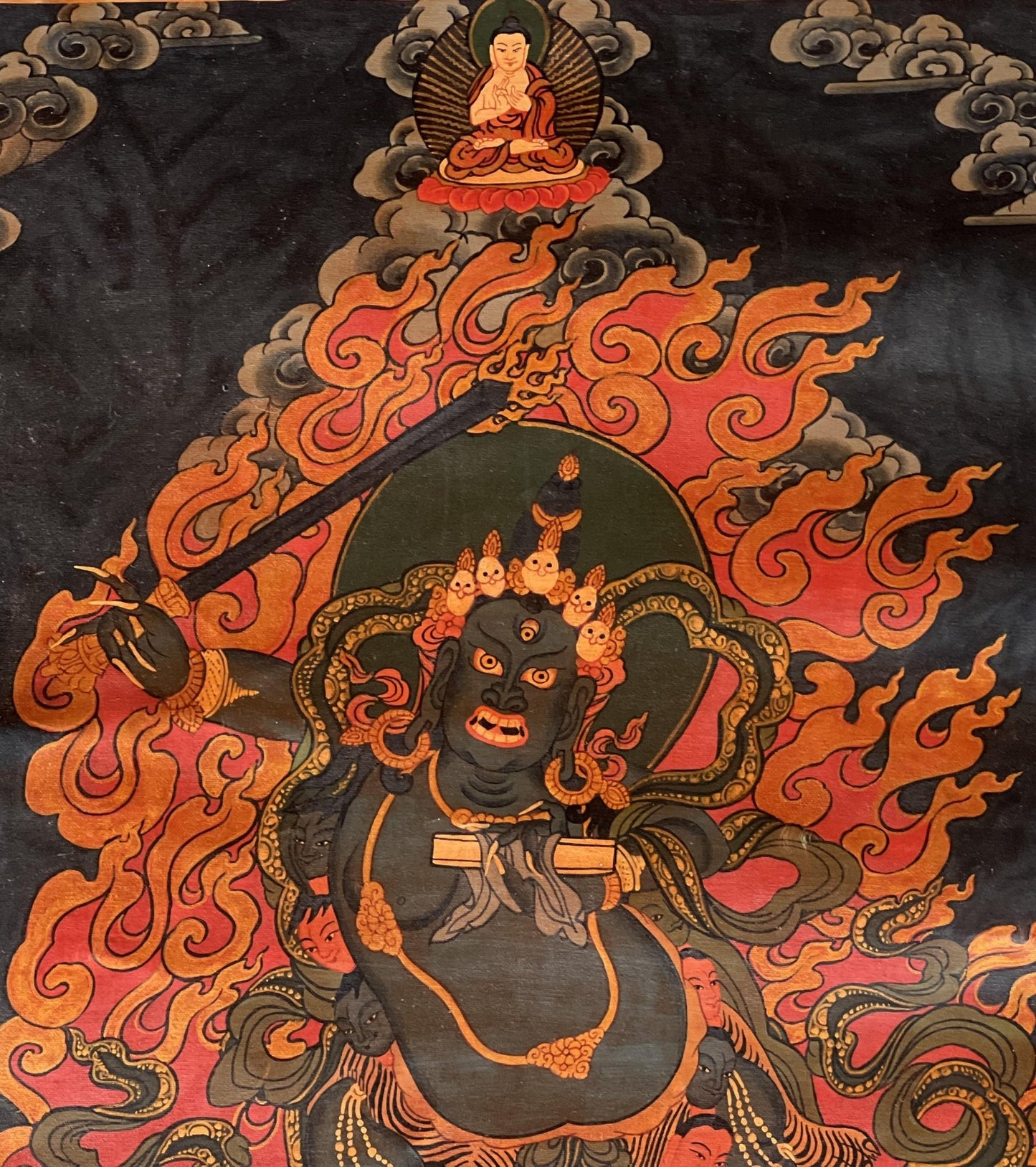 Original Hand - painted Black Manjushri/Manjusri/ Manjushree Old Oil Varnished Tibetan Thangka Painting with Silk Brocade - Tibetan Thangka Art