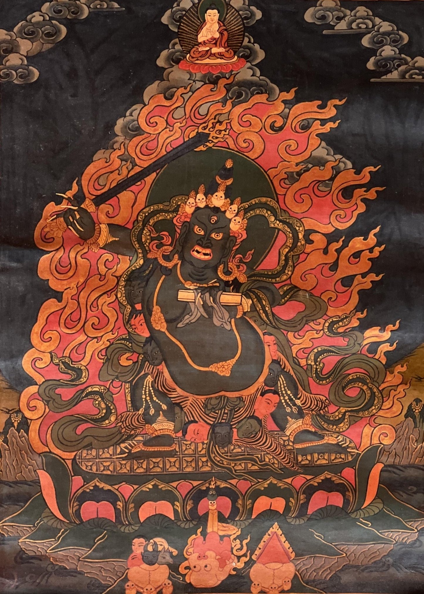 Original Hand - painted Black Manjushri/Manjusri/ Manjushree Old Oil Varnished Tibetan Thangka Painting with Silk Brocade - Tibetan Thangka Art