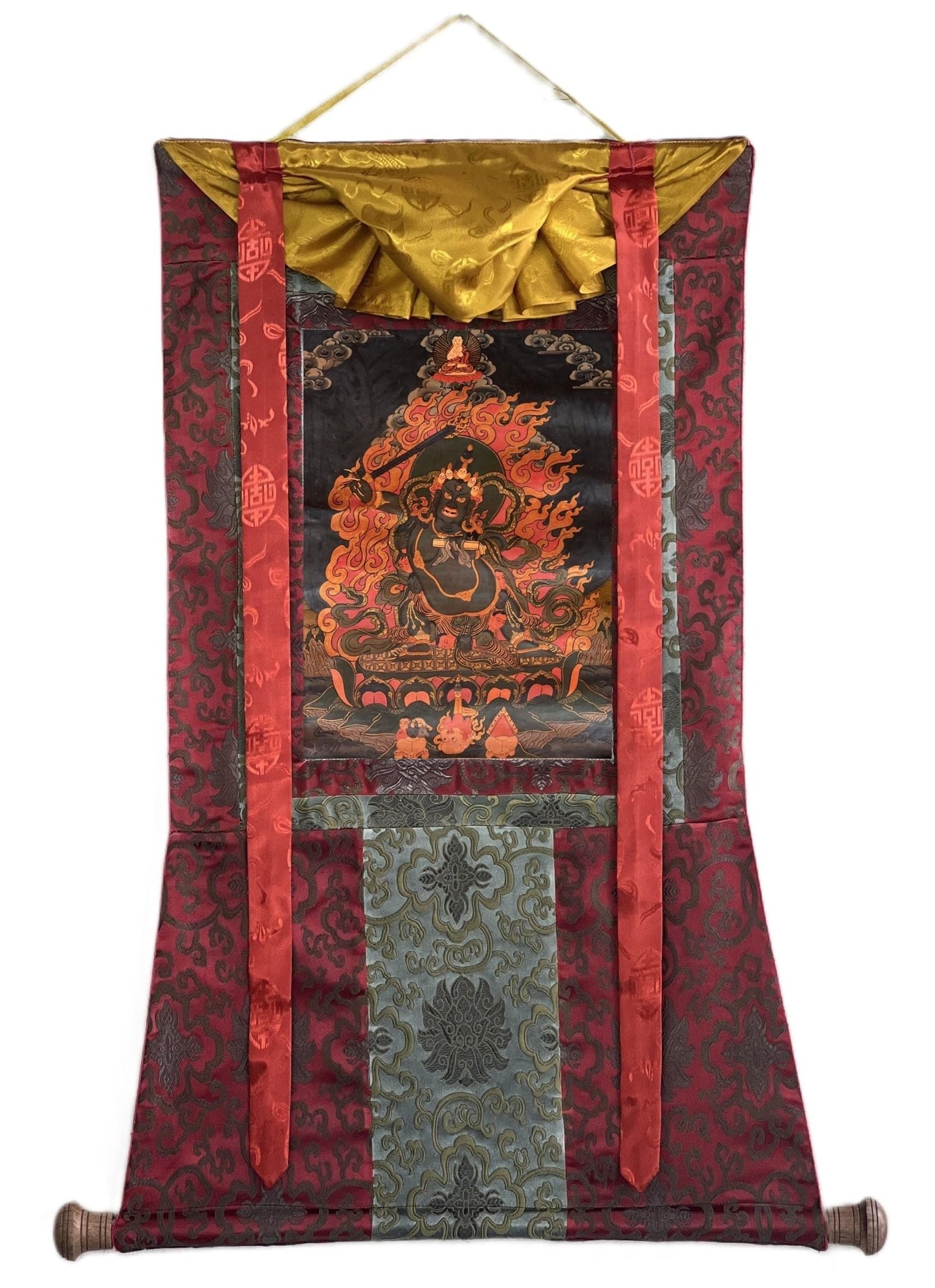 Original Hand - painted Black Manjushri/Manjusri/ Manjushree Old Oil Varnished Tibetan Thangka Painting with Silk Brocade - Tibetan Thangka Art