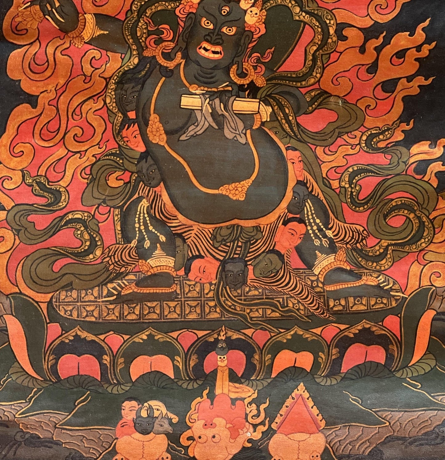 Original Hand - painted Black Manjushri/Manjusri/ Manjushree Old Oil Varnished Tibetan Thangka Painting with Silk Brocade - Tibetan Thangka Art