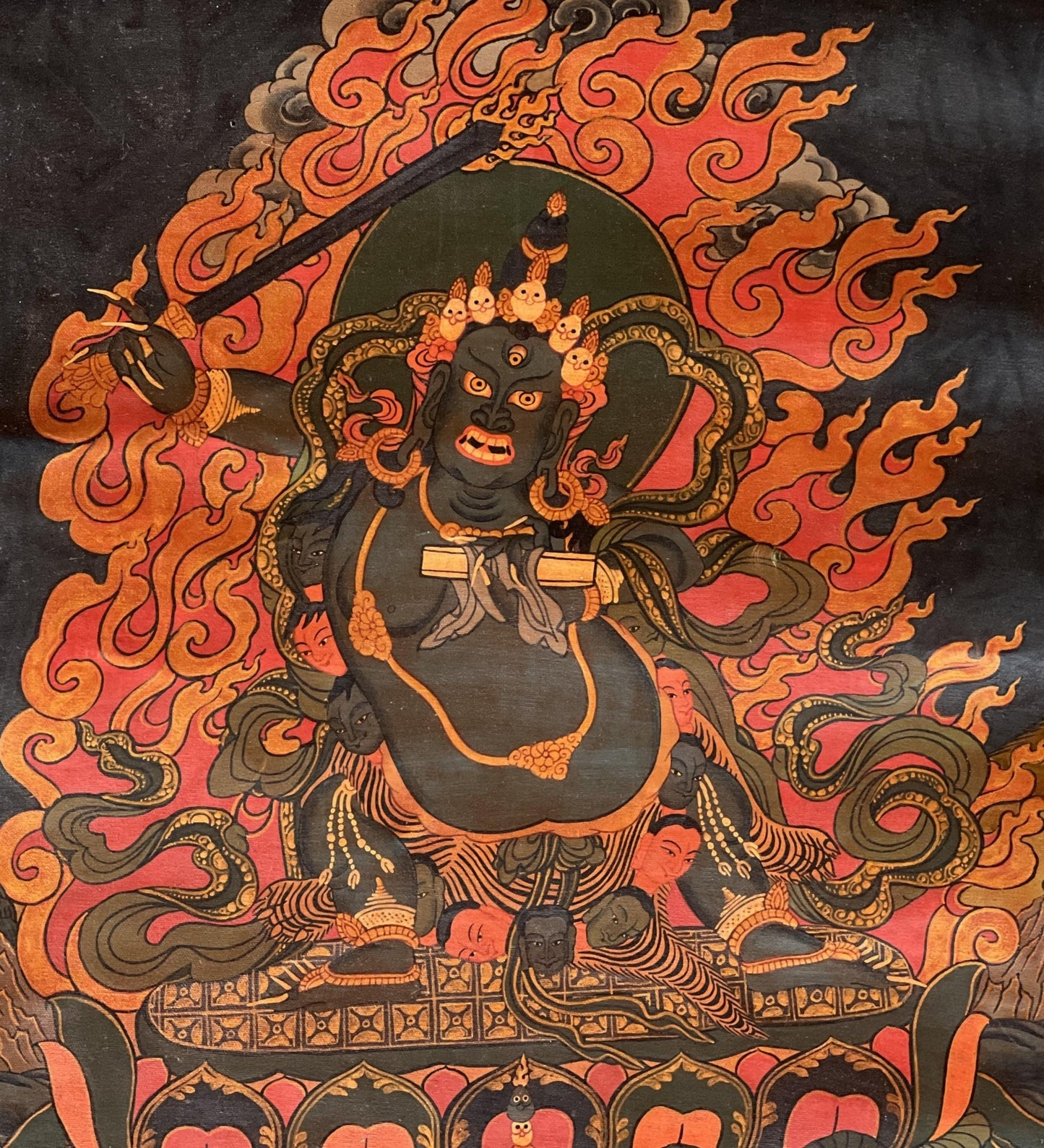 Original Hand - painted Black Manjushri/Manjusri/ Manjushree Old Oil Varnished Tibetan Thangka Painting with Silk Brocade - Tibetan Thangka Art