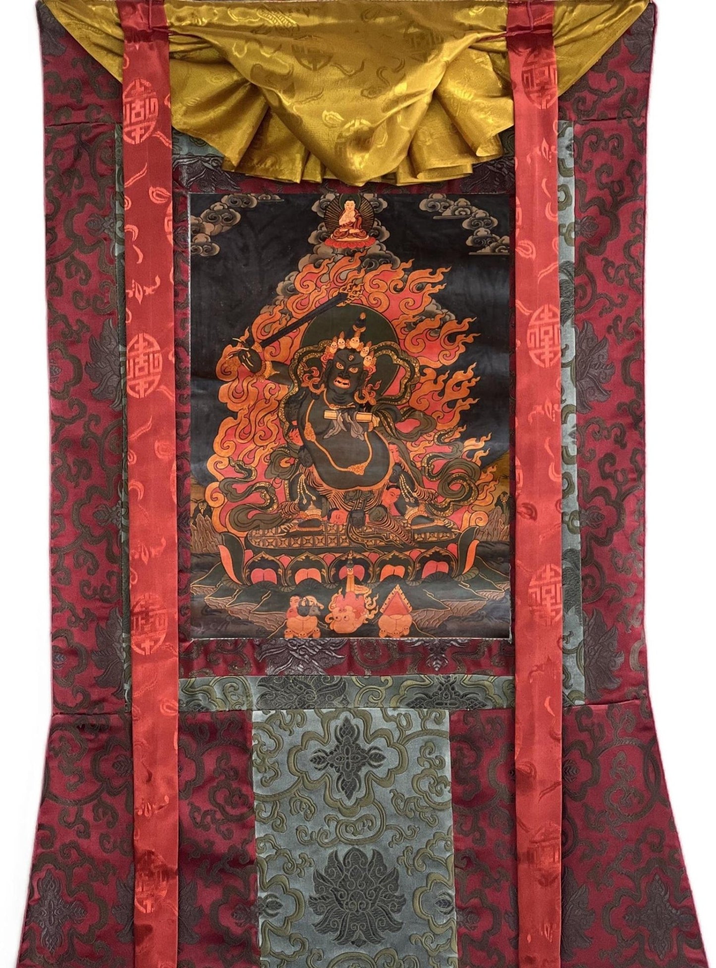 Original Hand - painted Black Manjushri/Manjusri/ Manjushree Old Oil Varnished Tibetan Thangka Painting with Silk Brocade - Tibetan Thangka Art