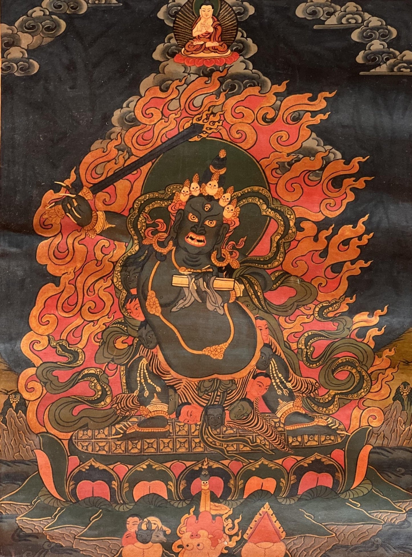 Original Hand - painted Black Manjushri/Manjusri/ Manjushree Old Oil Varnished Tibetan Thangka Painting with Silk Brocade - Tibetan Thangka Art