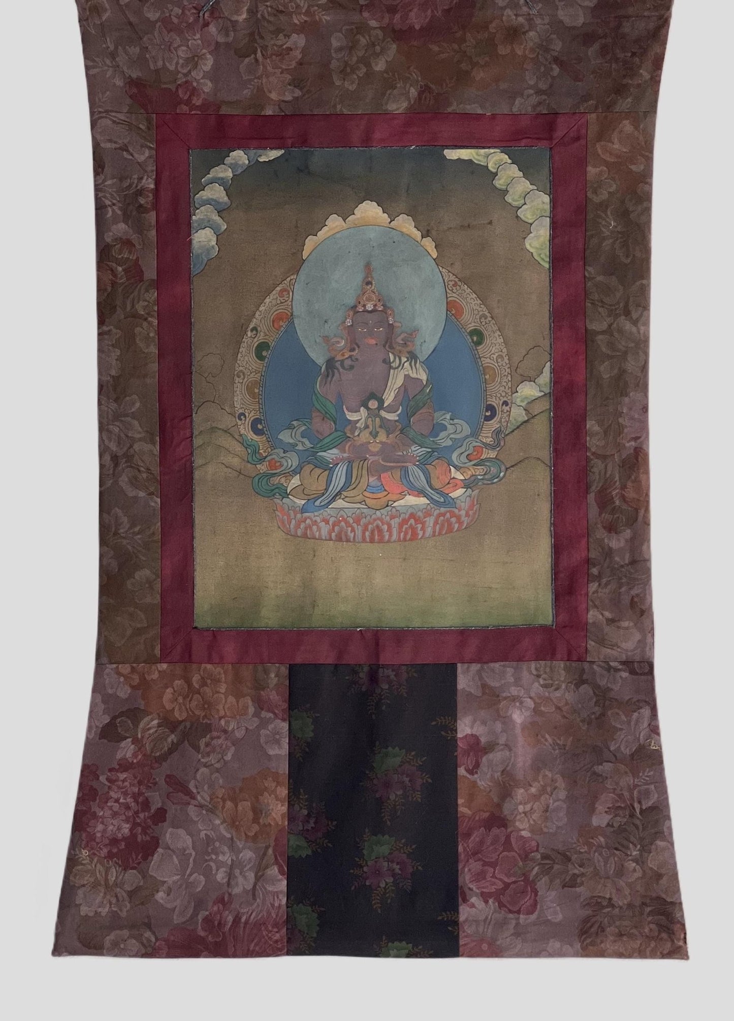 Original Hand - Painted Buddha Amitayus/Aparmita Compassion / Meditation VINTAGE Tibetan Thangka Painting With Narrow Cotton Brocade - Tibetan Thangka Art