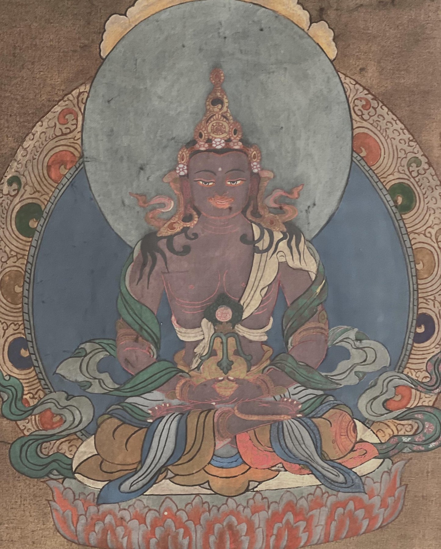 Original Hand - Painted Buddha Amitayus/Aparmita Compassion / Meditation VINTAGE Tibetan Thangka Painting With Narrow Cotton Brocade - Tibetan Thangka Art