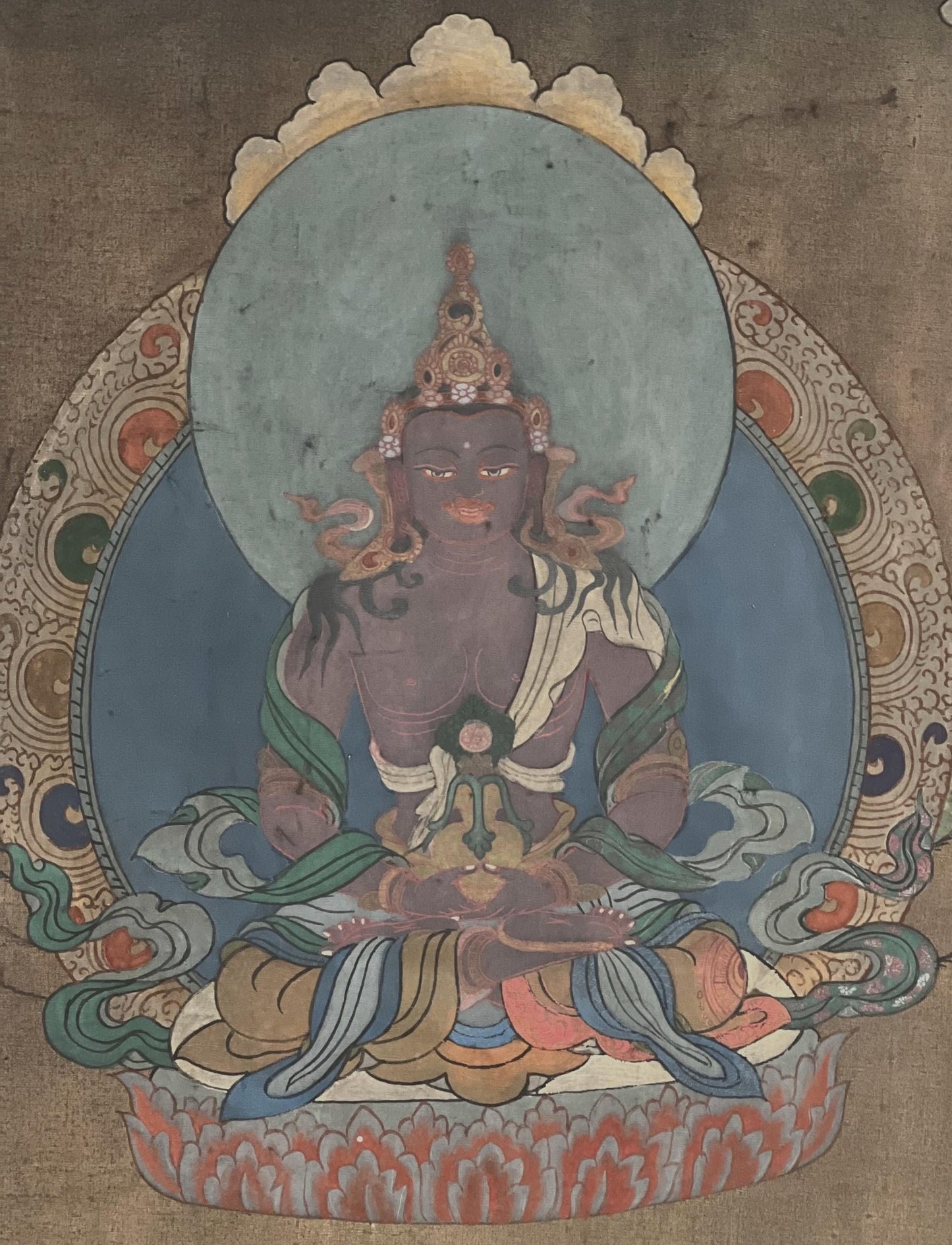 Original Hand - Painted Buddha Amitayus/Aparmita Compassion / Meditation VINTAGE Tibetan Thangka Painting With Narrow Cotton Brocade - Tibetan Thangka Art
