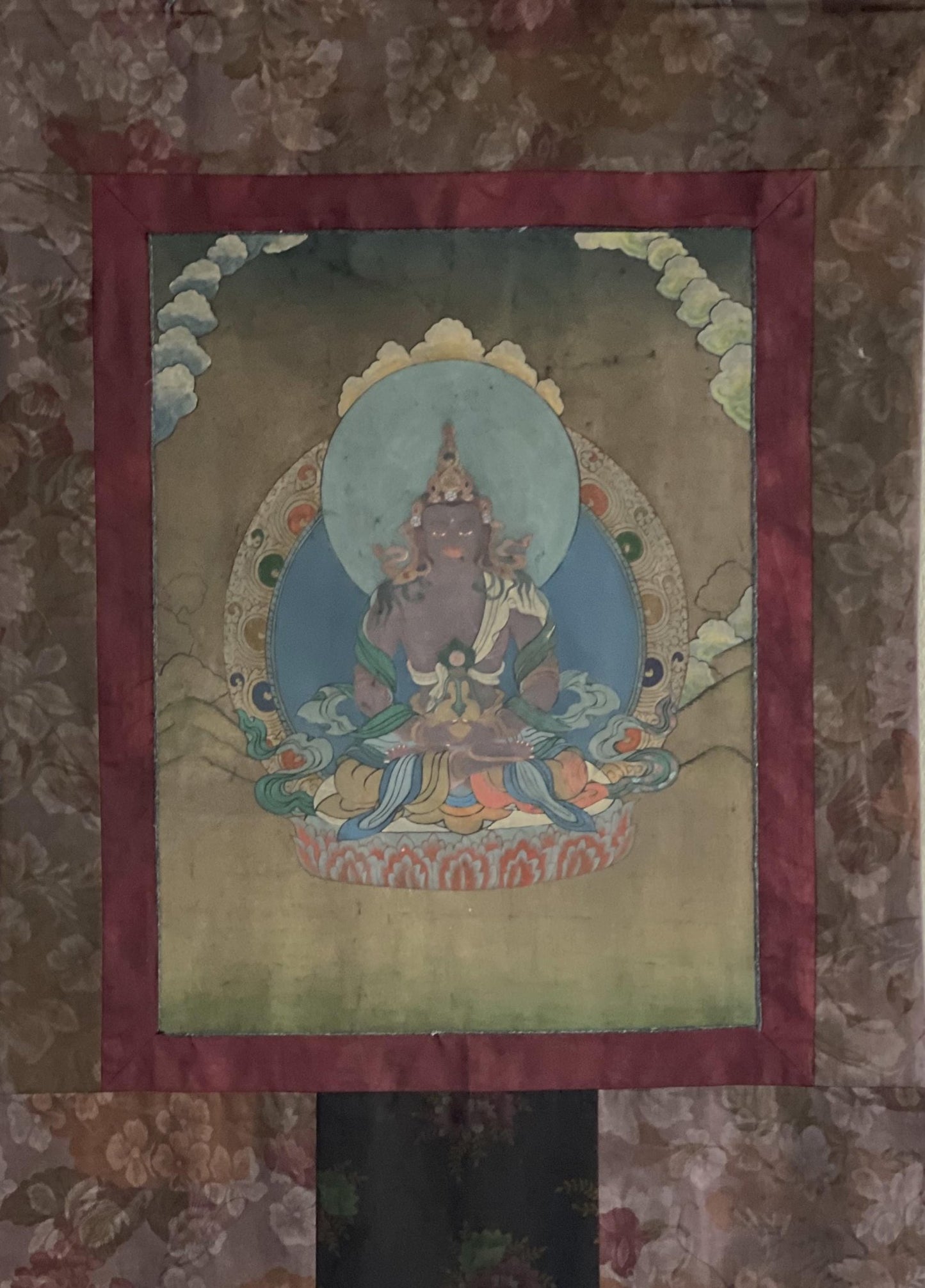 Original Hand - Painted Buddha Amitayus/Aparmita Compassion / Meditation VINTAGE Tibetan Thangka Painting With Narrow Cotton Brocade - Tibetan Thangka Art