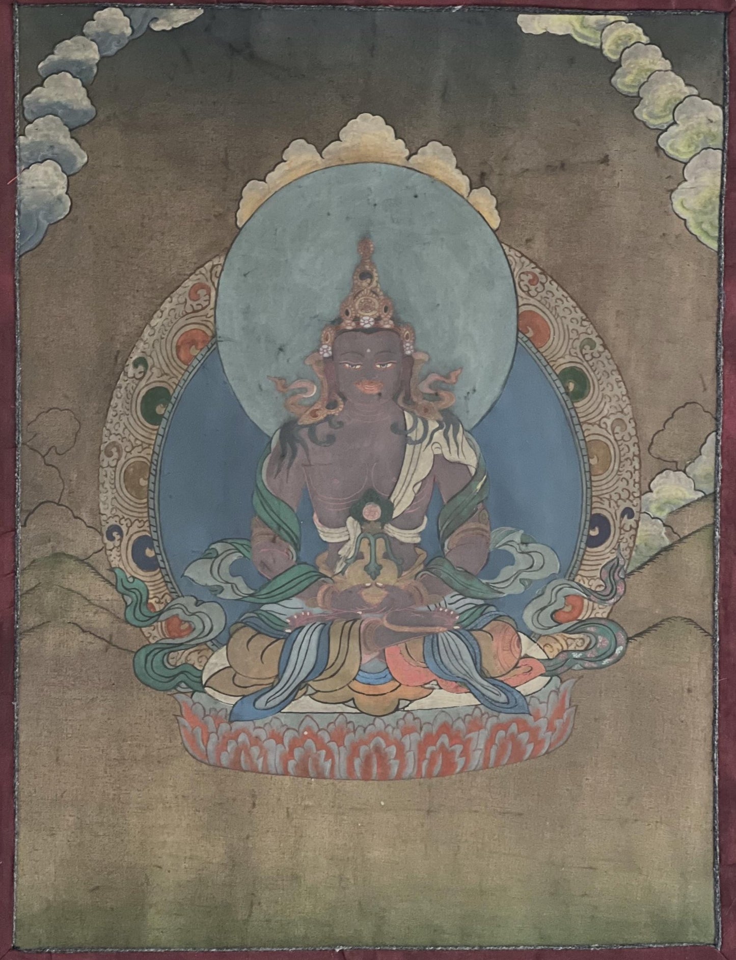 Original Hand - Painted Buddha Amitayus/Aparmita Compassion / Meditation VINTAGE Tibetan Thangka Painting With Narrow Cotton Brocade - Tibetan Thangka Art