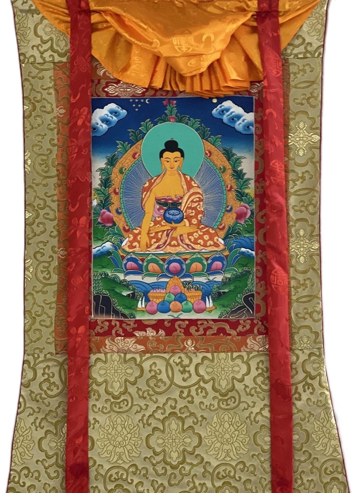 Original Hand - painted Buddha Shakyamuni/ Siddhartha Gautama Tibetan Thangka Painting with Silk Brocade - Tibetan Thangka Art