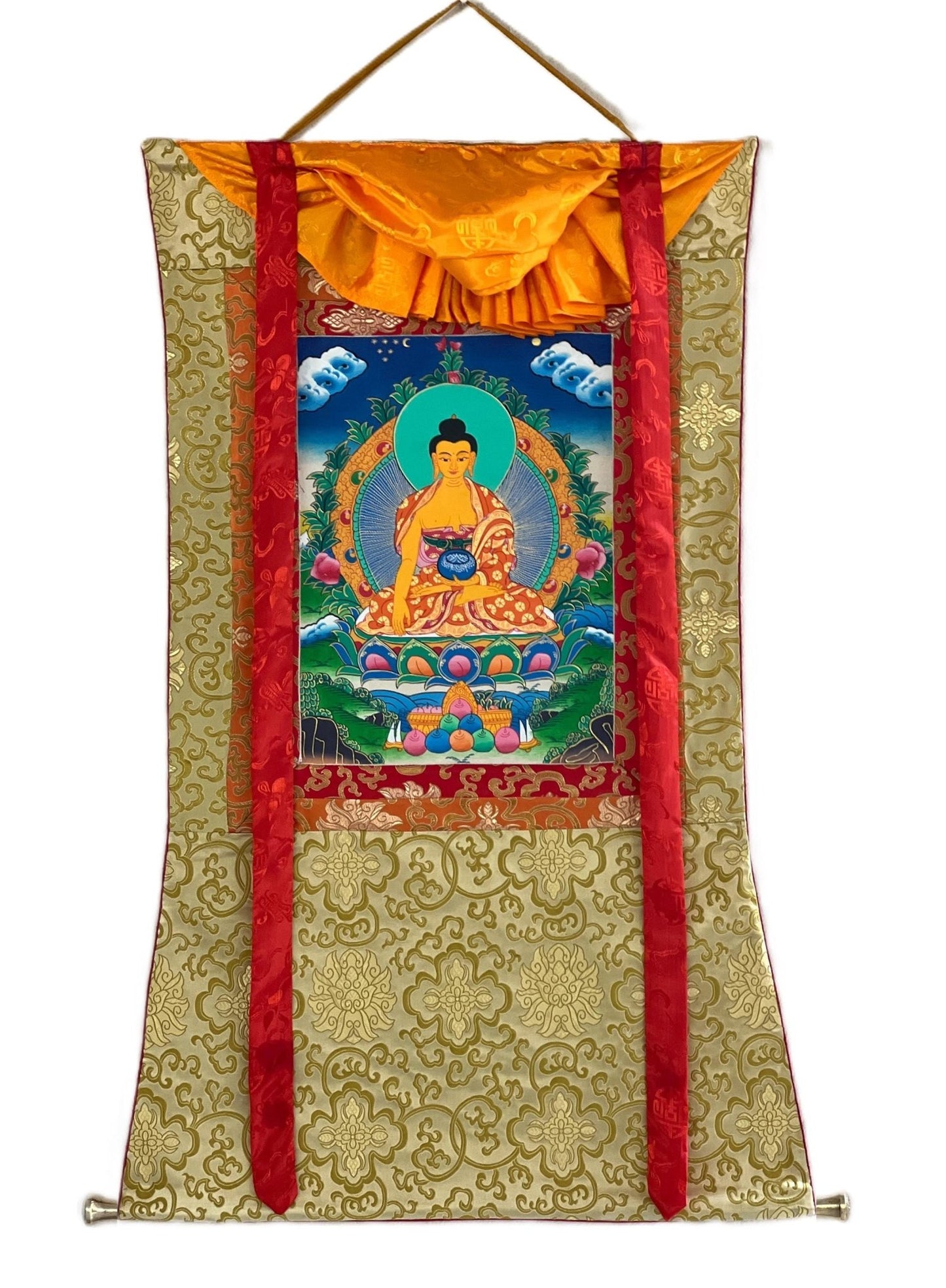 Original Hand - painted Buddha Shakyamuni/ Siddhartha Gautama Tibetan Thangka Painting with Silk Brocade - Tibetan Thangka Art