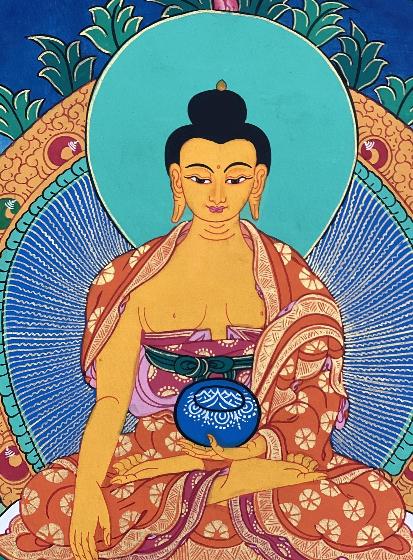 Original Hand - painted Buddha Shakyamuni/ Siddhartha Gautama Tibetan Thangka Painting with Silk Brocade - Tibetan Thangka Art