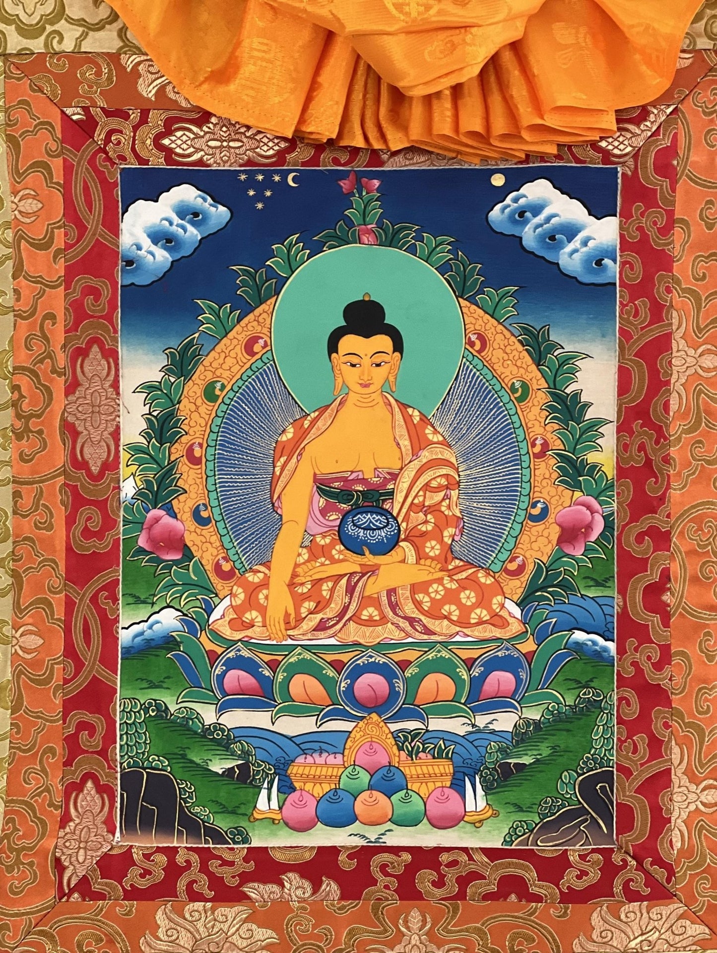 Original Hand - painted Buddha Shakyamuni/ Siddhartha Gautama Tibetan Thangka Painting with Silk Brocade - Tibetan Thangka Art