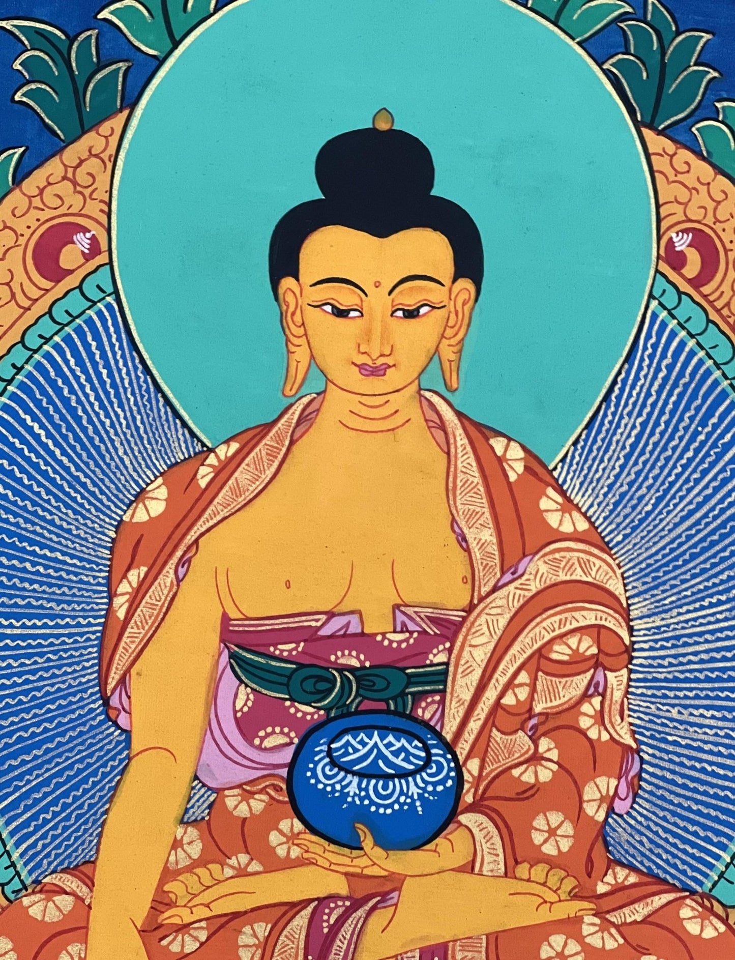 Original Hand - painted Buddha Shakyamuni/ Siddhartha Gautama Tibetan Thangka Painting with Silk Brocade - Tibetan Thangka Art