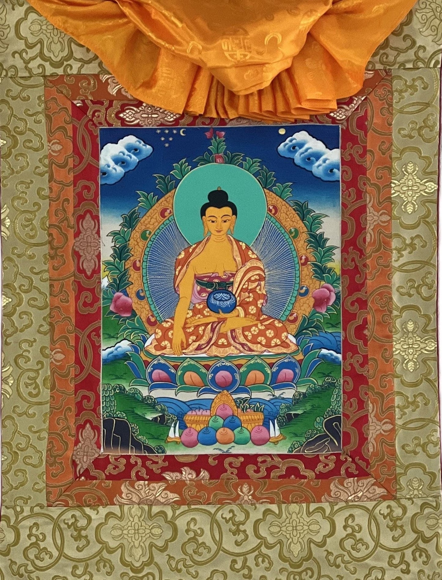 Original Hand - painted Buddha Shakyamuni/ Siddhartha Gautama Tibetan Thangka Painting with Silk Brocade - Tibetan Thangka Art