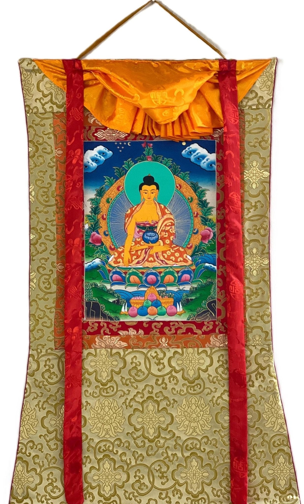 Original Hand - painted Buddha Shakyamuni/ Siddhartha Gautama Tibetan Thangka Painting with Silk Brocade - Tibetan Thangka Art