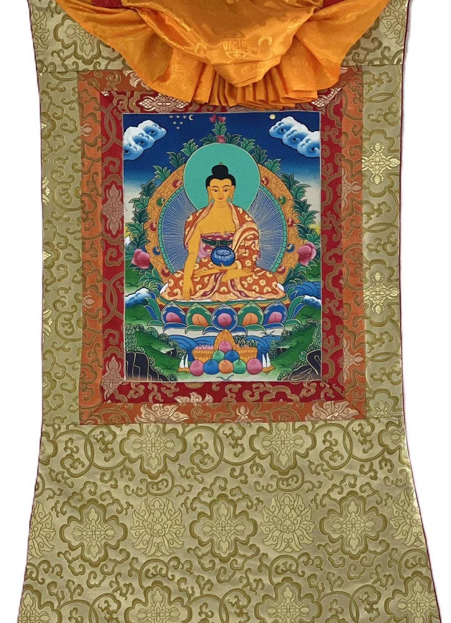Original Hand - painted Buddha Shakyamuni/ Siddhartha Gautama Tibetan Thangka Painting with Silk Brocade - Tibetan Thangka Art