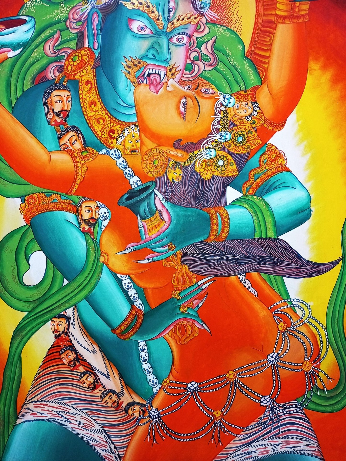 Original Hand painted Chakrasamvara Shakti Masterpiece Newari Paubha/Pauva Thanka / Thangka Painting Compassion Meditation Art From Nepal - Tibetan Thangka Art