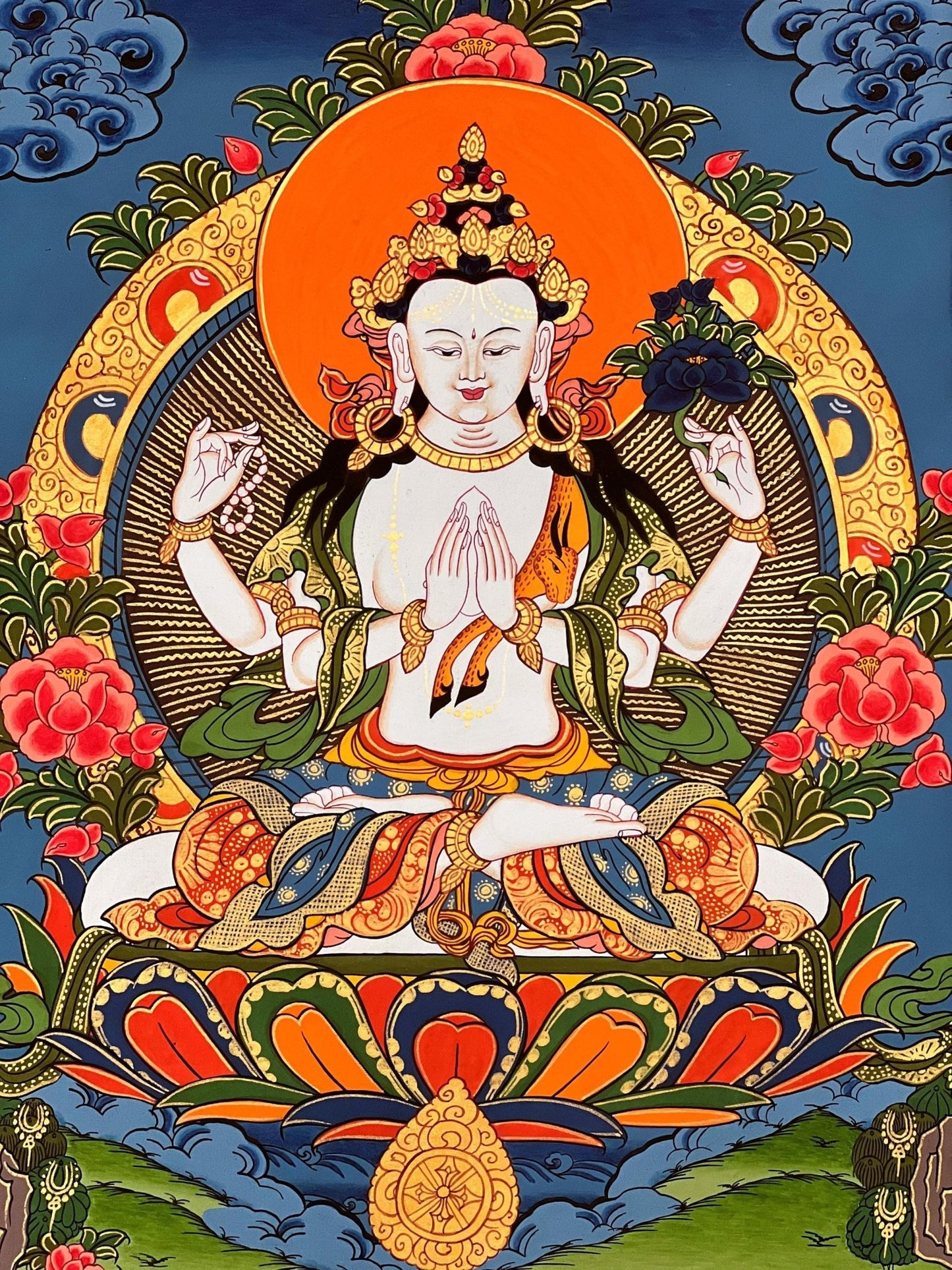 Original Hand - painted Chengrezig/ Avalokitesvara/ Lokeswor Bodhisattva Masterpiece Tibetan Thangka Painting with High - Quality Silk Brocade - Tibetan Thangka Art