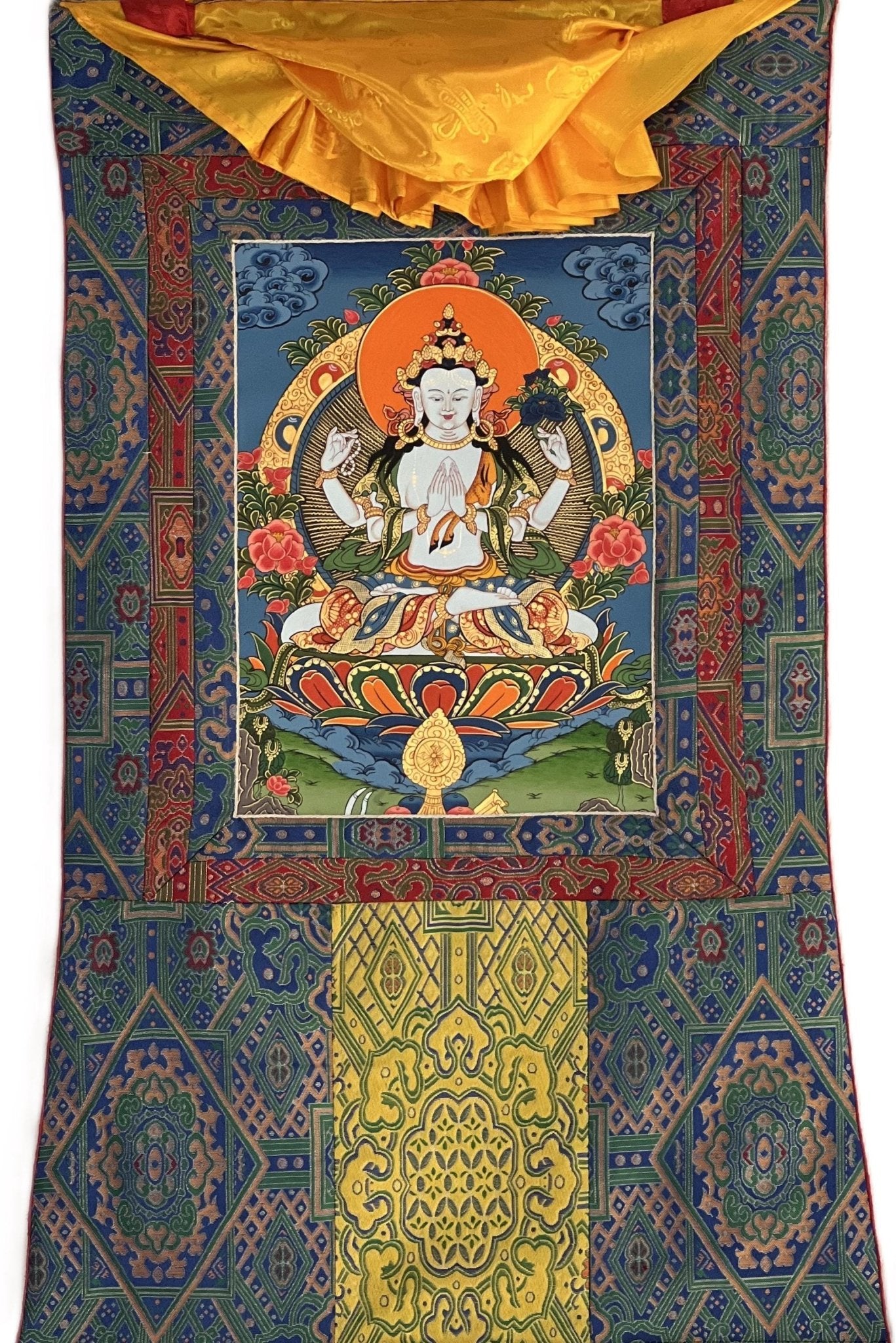 Original Hand - painted Chengrezig/ Avalokitesvara/ Lokeswor Bodhisattva Masterpiece Tibetan Thangka Painting with High - Quality Silk Brocade - Tibetan Thangka Art