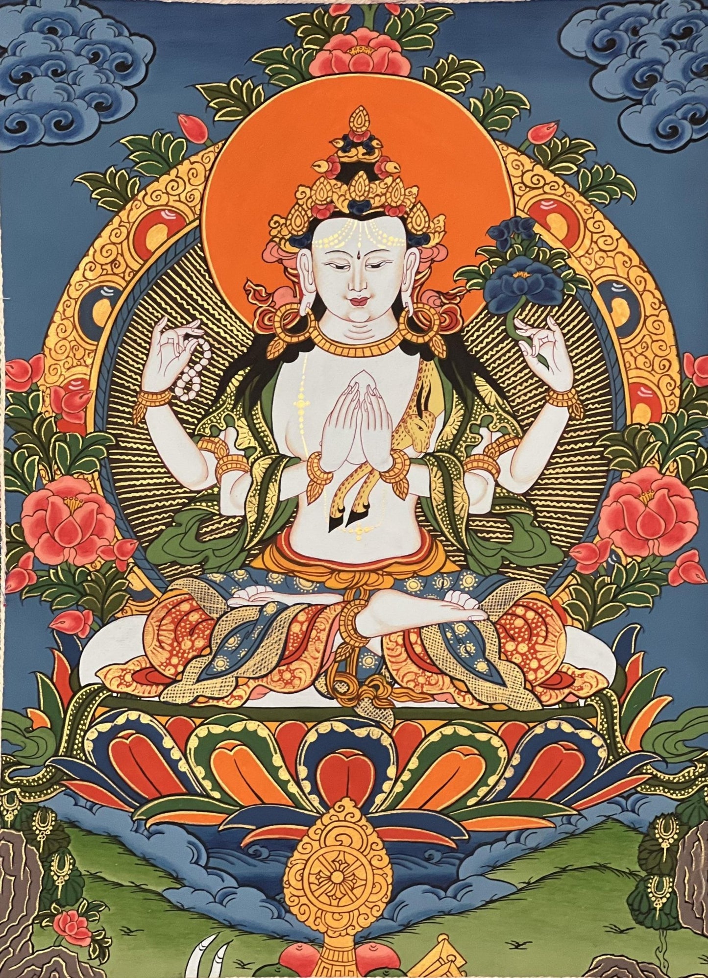 Original Hand - painted Chengrezig/ Avalokitesvara/ Lokeswor Bodhisattva Masterpiece Tibetan Thangka Painting with High - Quality Silk Brocade - Tibetan Thangka Art