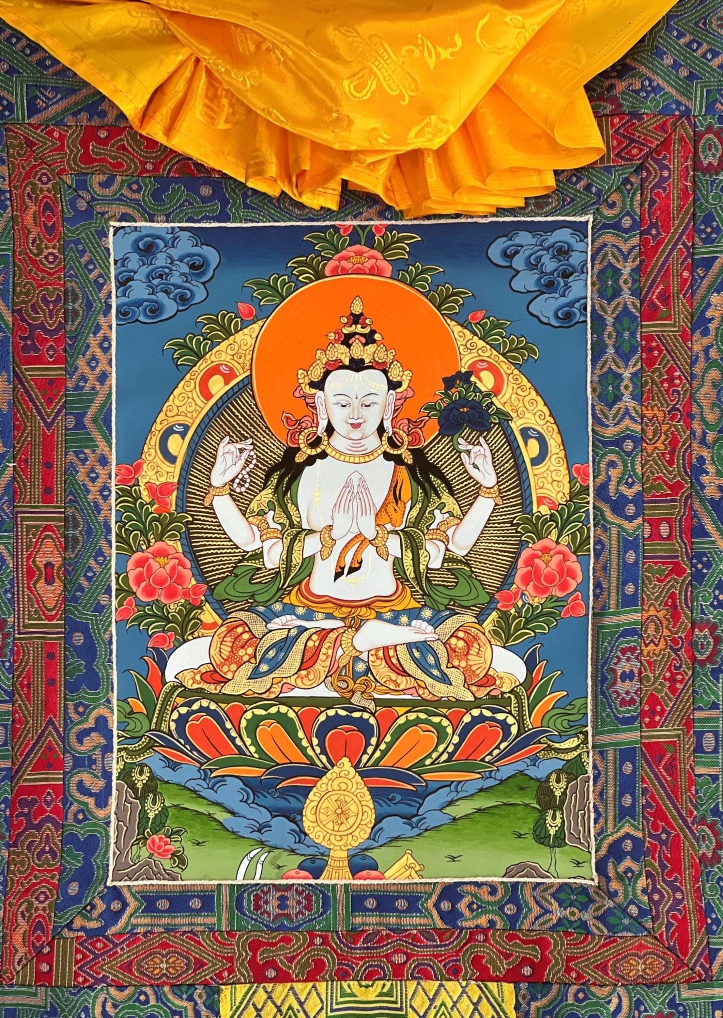 Original Hand - painted Chengrezig/ Avalokitesvara/ Lokeswor Bodhisattva Masterpiece Tibetan Thangka Painting with High - Quality Silk Brocade - Tibetan Thangka Art
