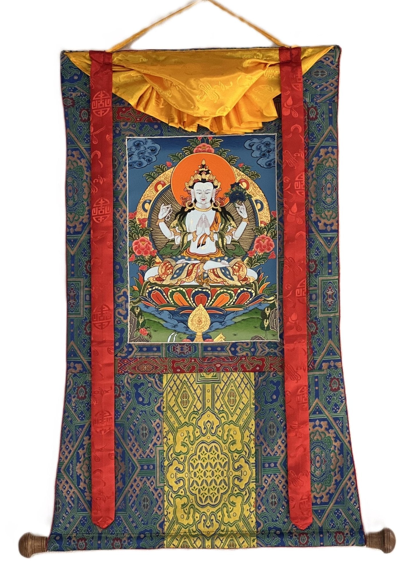 Original Hand - painted Chengrezig/ Avalokitesvara/ Lokeswor Bodhisattva Masterpiece Tibetan Thangka Painting with High - Quality Silk Brocade - Tibetan Thangka Art