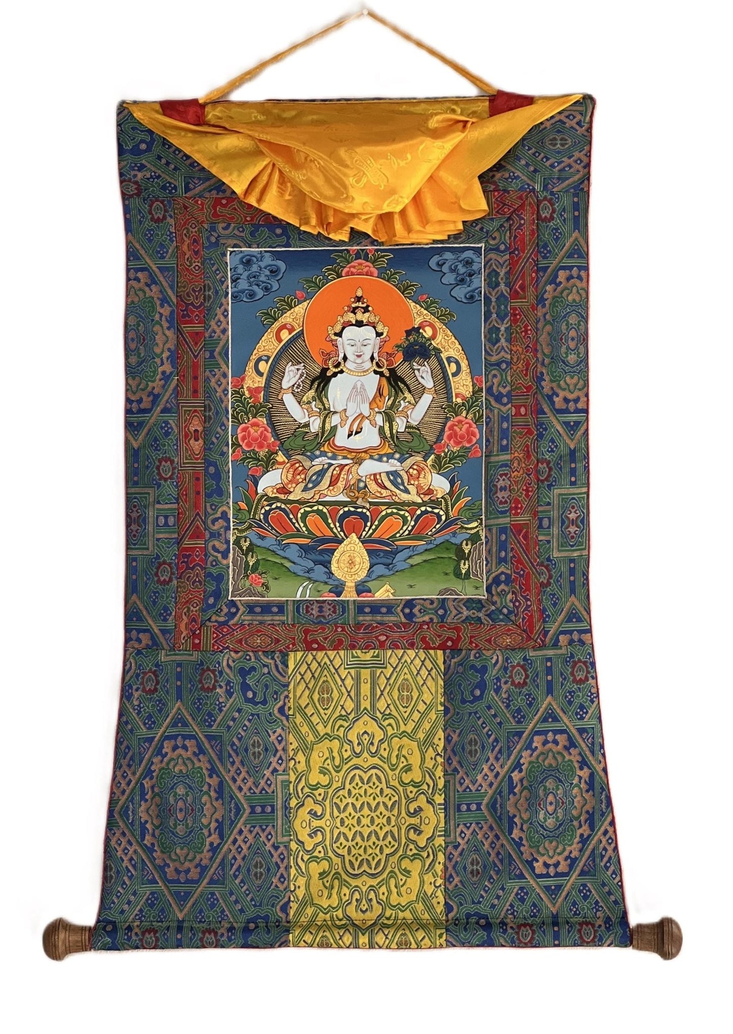 Original Hand - painted Chengrezig/ Avalokitesvara/ Lokeswor Bodhisattva Masterpiece Tibetan Thangka Painting with High - Quality Silk Brocade - Tibetan Thangka Art