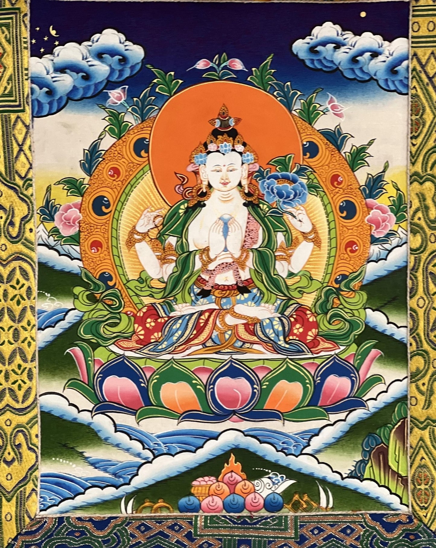 Original Hand Painted Chenrezig /Avalokiteshvara Compassion Buddha Tibetan Meditation Thangka / Thanka Painting With Premium Silk Brocade - Tibetan Thangka Art
