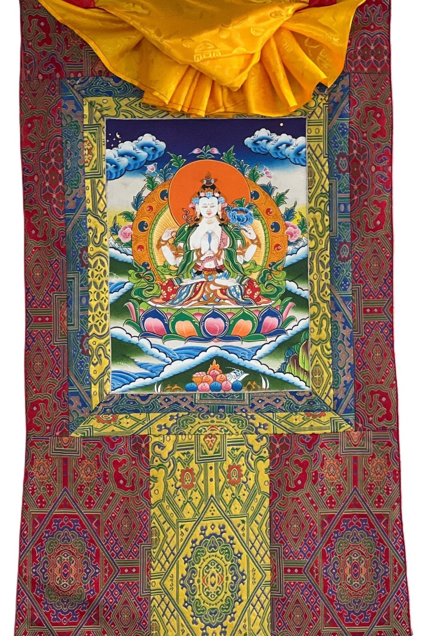 Original Hand Painted Chenrezig /Avalokiteshvara Compassion Buddha Tibetan Meditation Thangka / Thanka Painting With Premium Silk Brocade - Tibetan Thangka Art