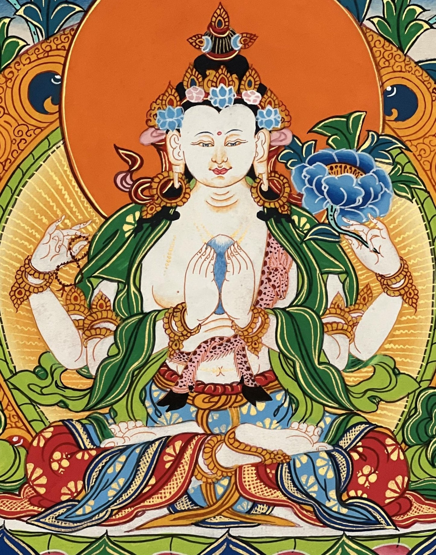 Original Hand Painted Chenrezig /Avalokiteshvara Compassion Buddha Tibetan Meditation Thangka / Thanka Painting With Premium Silk Brocade - Tibetan Thangka Art