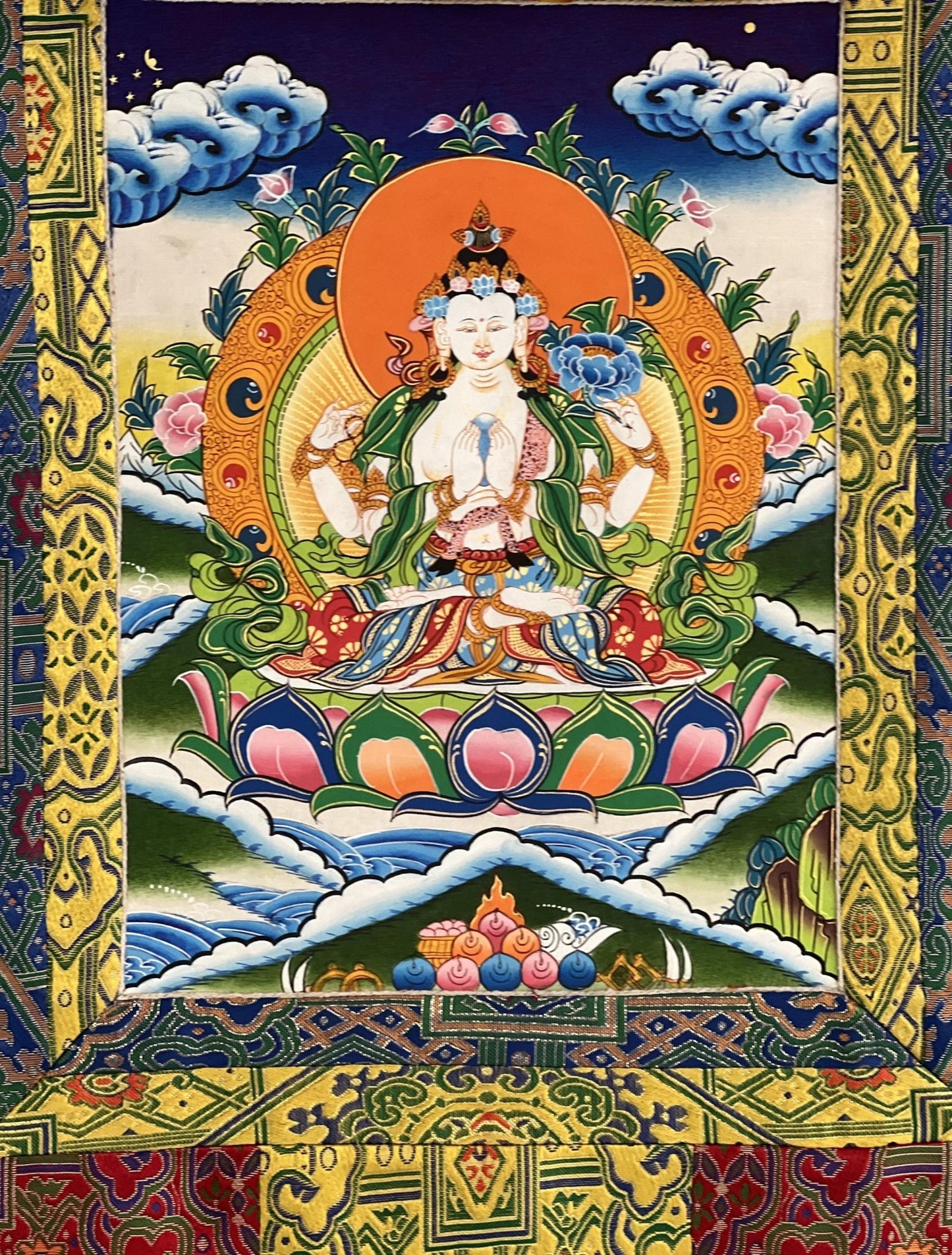 Original Hand Painted Chenrezig /Avalokiteshvara Compassion Buddha Tibetan Meditation Thangka / Thanka Painting With Premium Silk Brocade - Tibetan Thangka Art