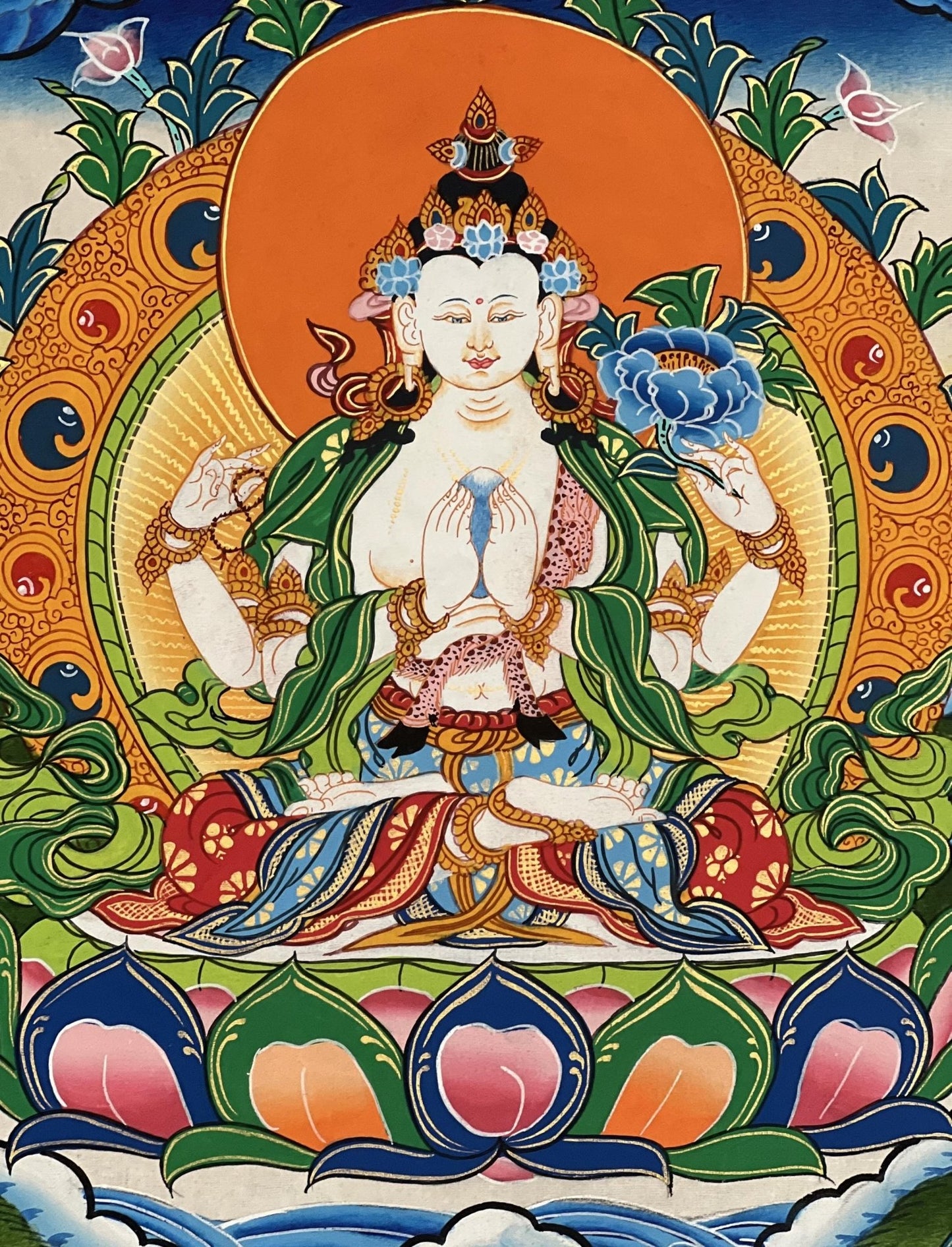 Original Hand Painted Chenrezig /Avalokiteshvara Compassion Buddha Tibetan Meditation Thangka / Thanka Painting With Premium Silk Brocade - Tibetan Thangka Art