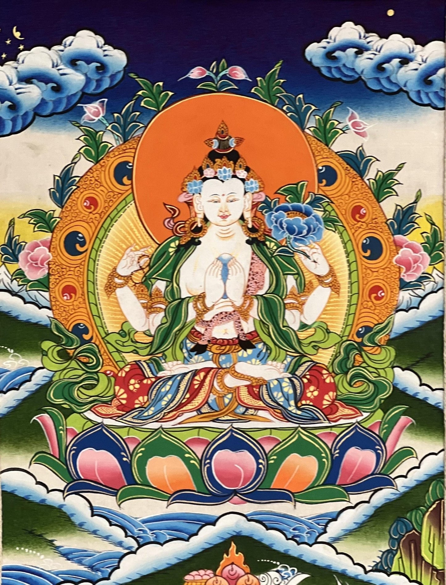 Original Hand Painted Chenrezig /Avalokiteshvara Compassion Buddha Tibetan Meditation Thangka / Thanka Painting With Premium Silk Brocade - Tibetan Thangka Art