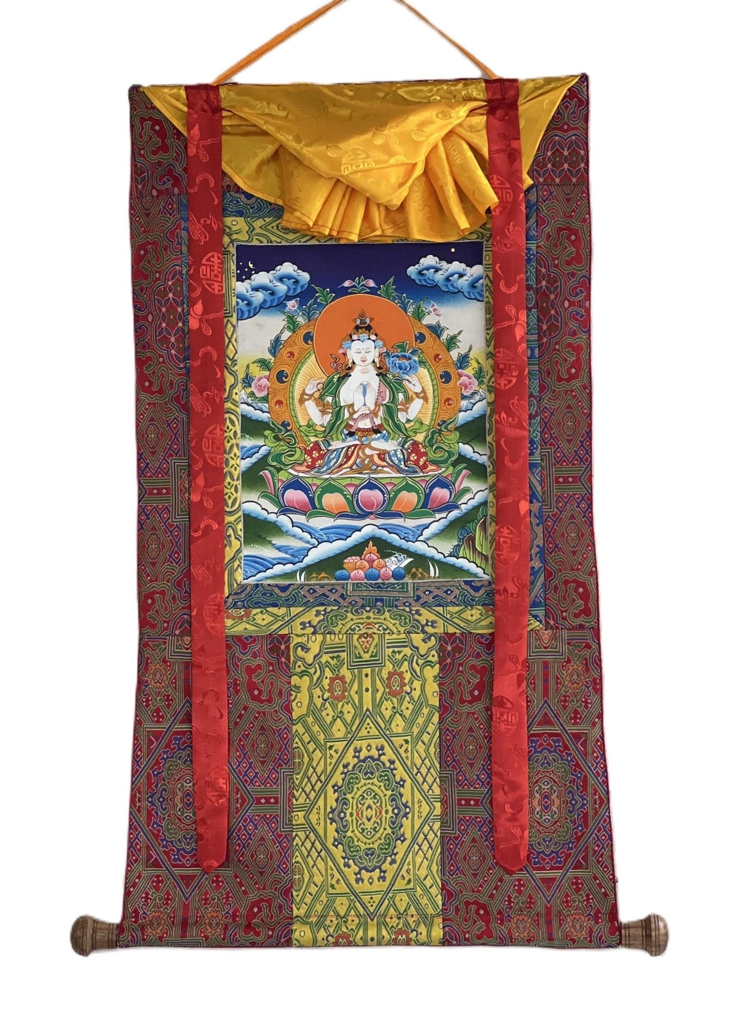 Original Hand Painted Chenrezig /Avalokiteshvara Compassion Buddha Tibetan Meditation Thangka / Thanka Painting With Premium Silk Brocade - Tibetan Thangka Art