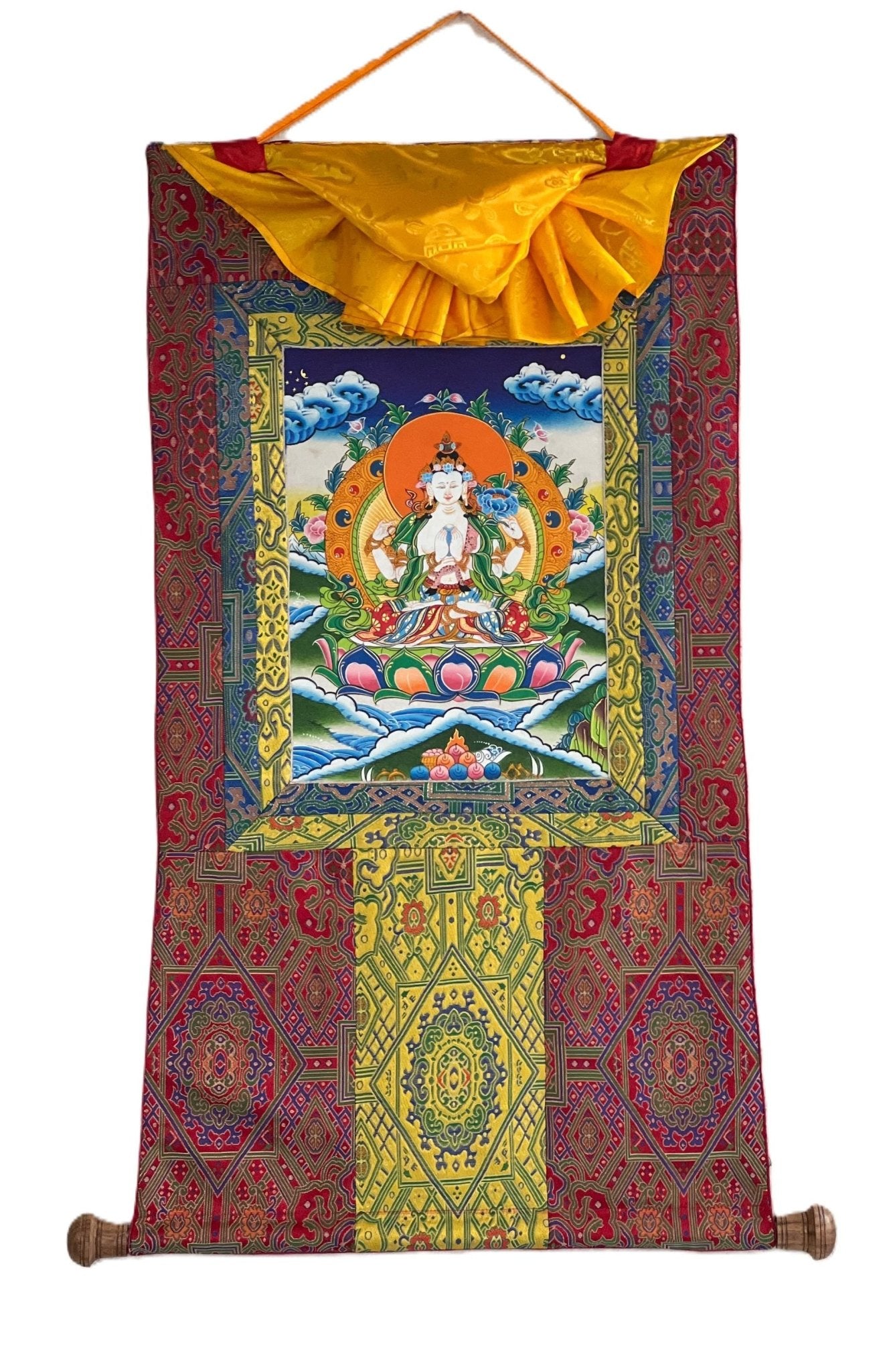 Original Hand Painted Chenrezig /Avalokiteshvara Compassion Buddha Tibetan Meditation Thangka / Thanka Painting With Premium Silk Brocade - Tibetan Thangka Art
