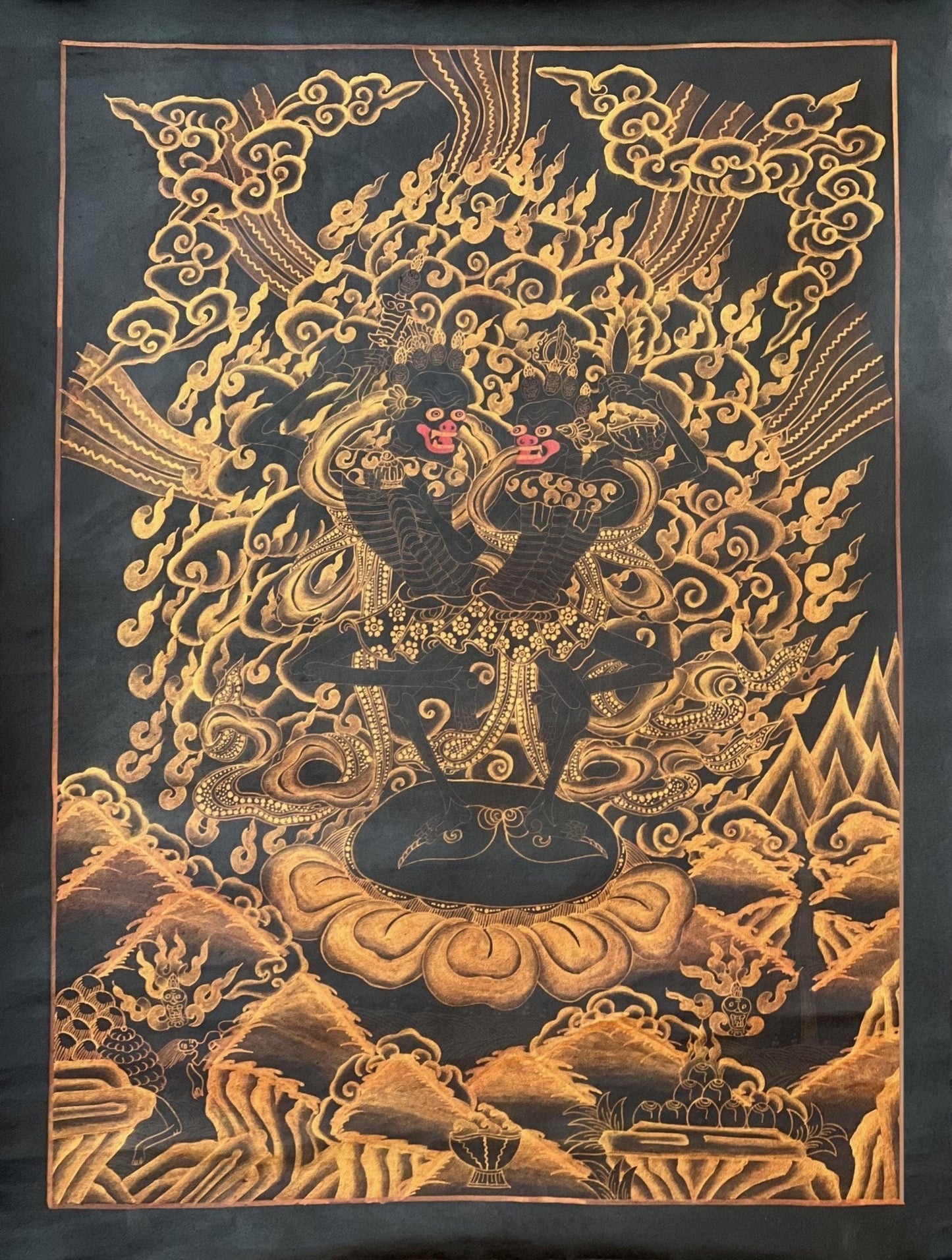 Original Hand - Painted Citipati Dancing Skeletons Happy Couple Vajrayogini Tantra Tibetan Thangka/Thanka Painting Black and Gold - Tibetan Thangka Art