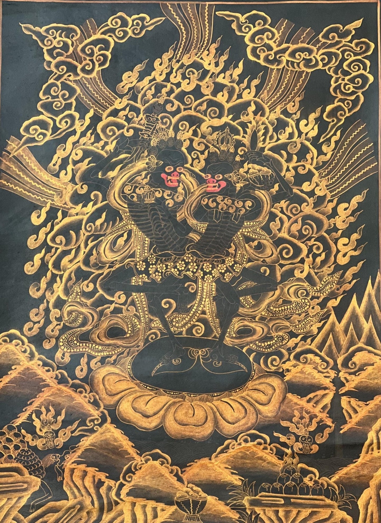 Original Hand - Painted Citipati Dancing Skeletons Happy Couple Vajrayogini Tantra Tibetan Thangka/Thanka Painting Black and Gold - Tibetan Thangka Art
