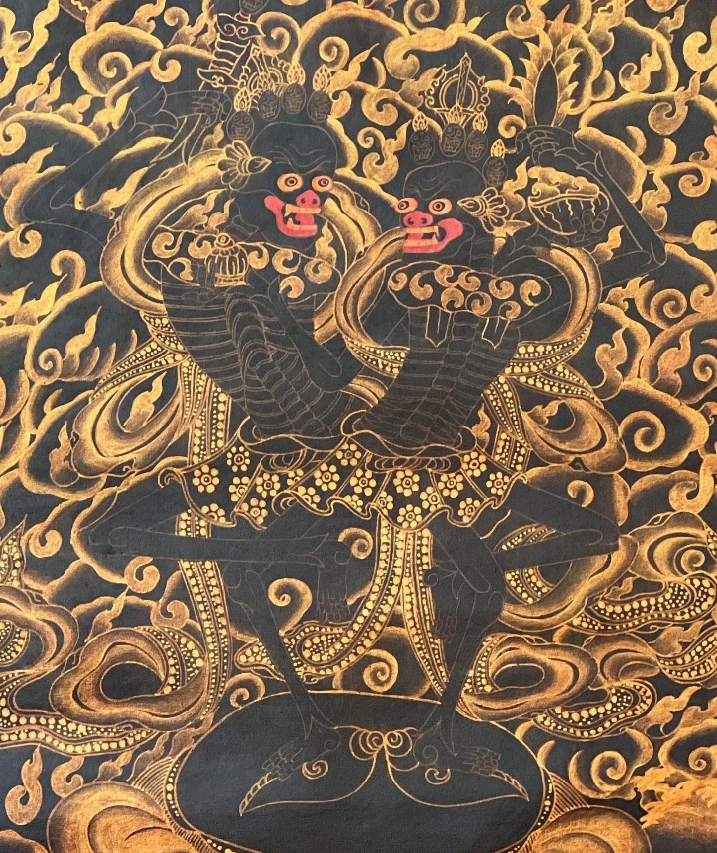 Original Hand - Painted Citipati Dancing Skeletons Happy Couple Vajrayogini Tantra Tibetan Thangka/Thanka Painting Black and Gold - Tibetan Thangka Art