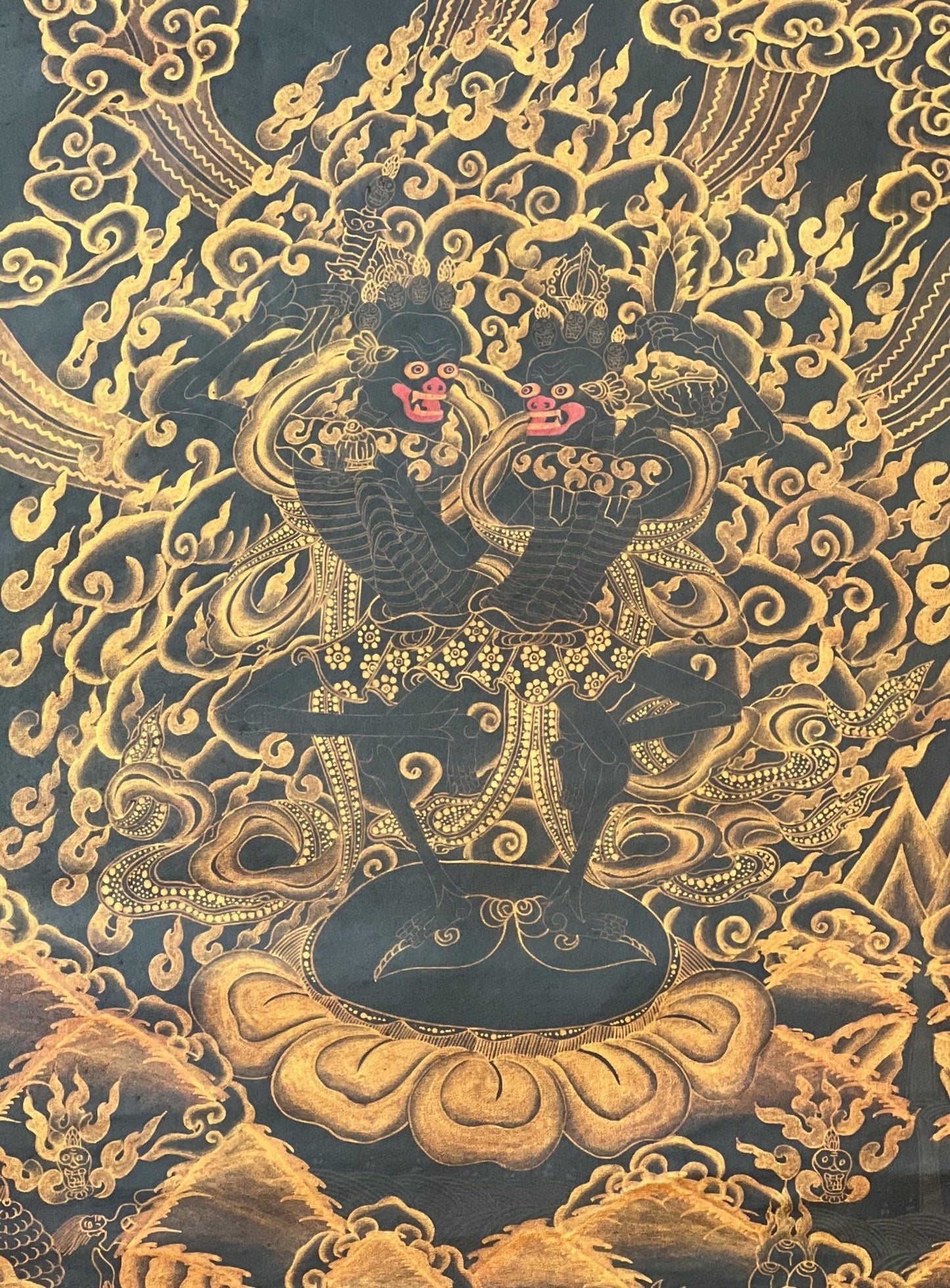 Original Hand - Painted Citipati Dancing Skeletons Happy Couple Vajrayogini Tantra Tibetan Thangka/Thanka Painting Black and Gold - Tibetan Thangka Art
