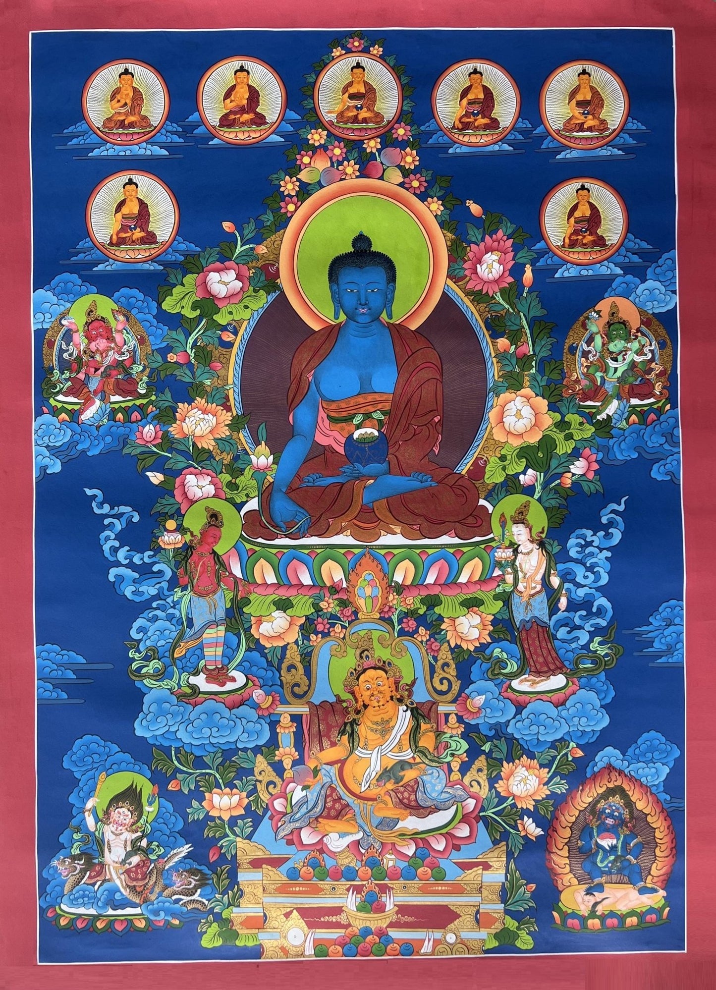 Original Hand Painted Eight Medicine Buddha / Bhaisajyaguru Finest Large Masterpiece Tibetan Meditation Thangka / Thanka Painting from Nepal - Tibetan Thangka Art