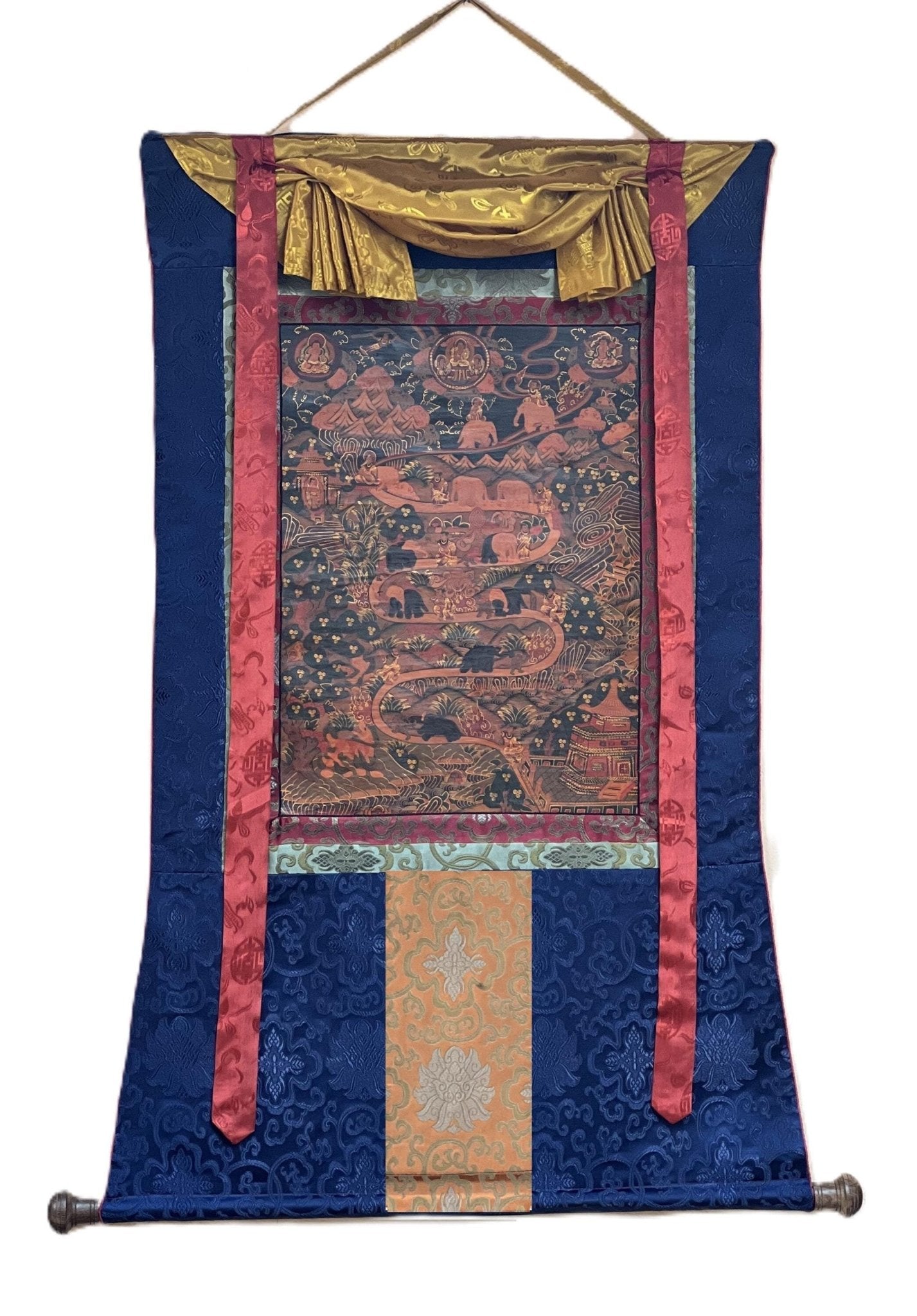 Original Hand - painted Elephant Path Samatha Meditation / Way to Nirvana Old Oil - Varnished Tibetan Thangka Painting with Silk Brocade - Tibetan Thangka Art