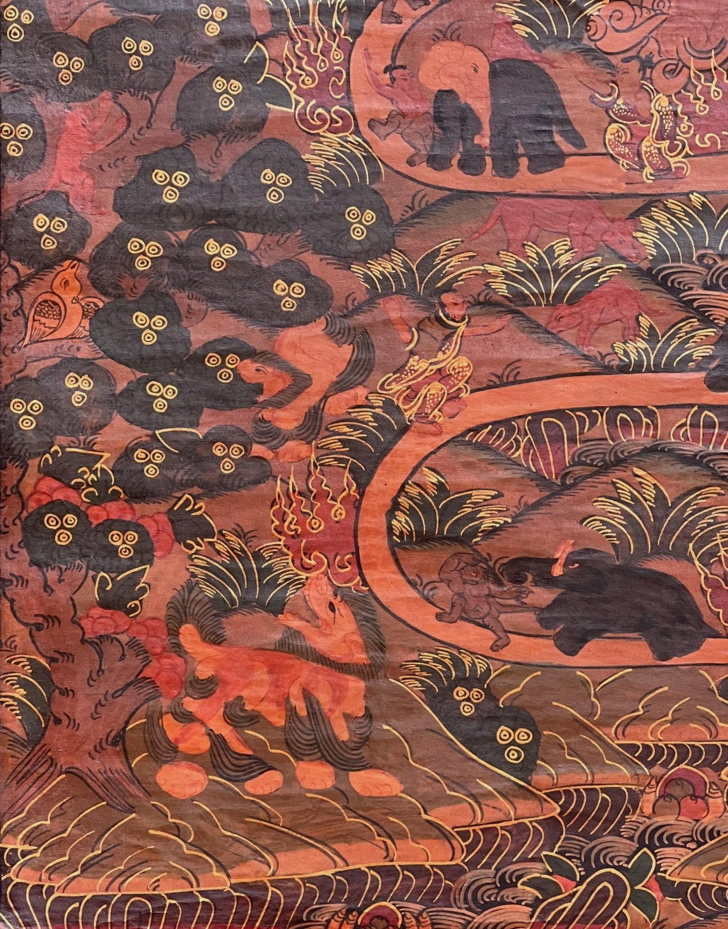 Original Hand - painted Elephant Path Samatha Meditation / Way to Nirvana Old Oil - Varnished Tibetan Thangka Painting with Silk Brocade - Tibetan Thangka Art