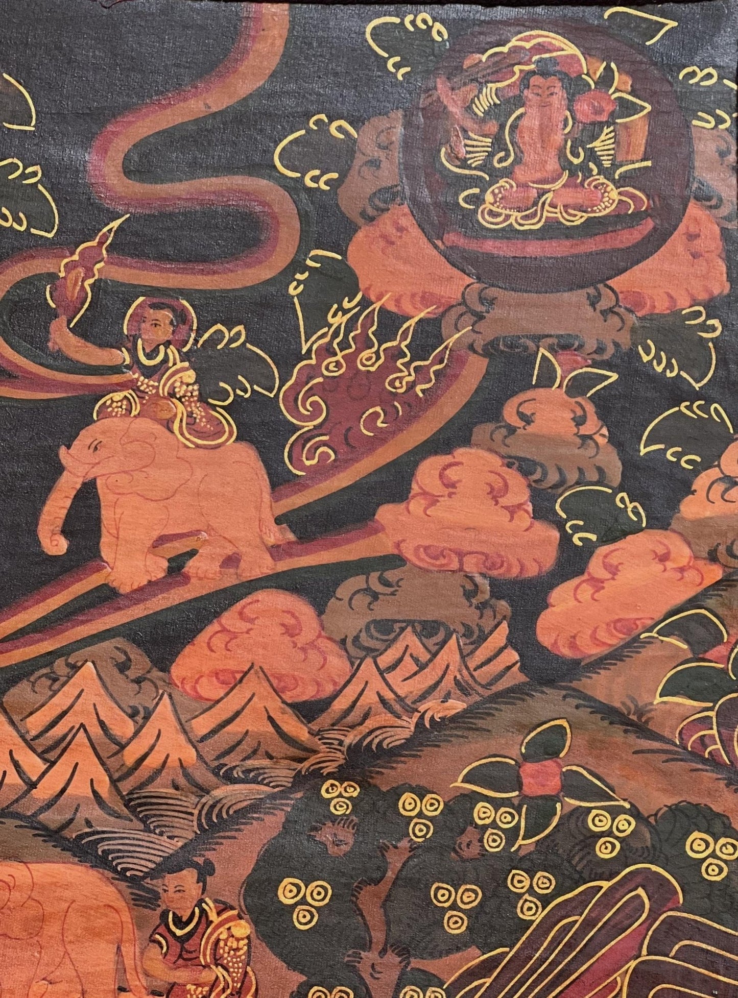 Original Hand - painted Elephant Path Samatha Meditation / Way to Nirvana Old Oil - Varnished Tibetan Thangka Painting with Silk Brocade - Tibetan Thangka Art