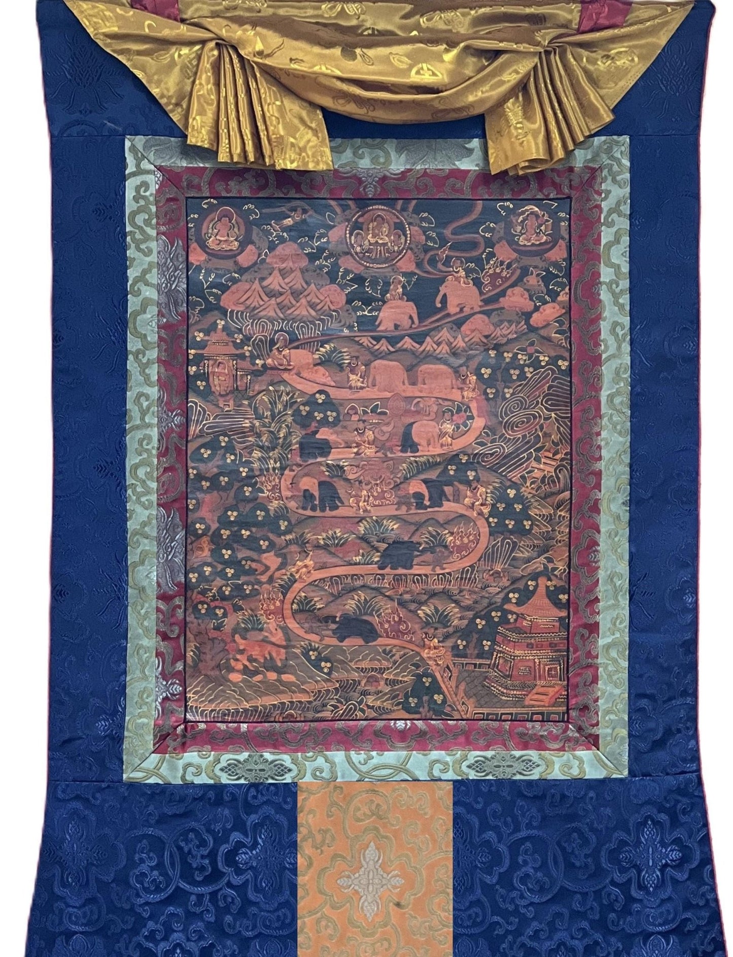 Original Hand - painted Elephant Path Samatha Meditation / Way to Nirvana Old Oil - Varnished Tibetan Thangka Painting with Silk Brocade - Tibetan Thangka Art