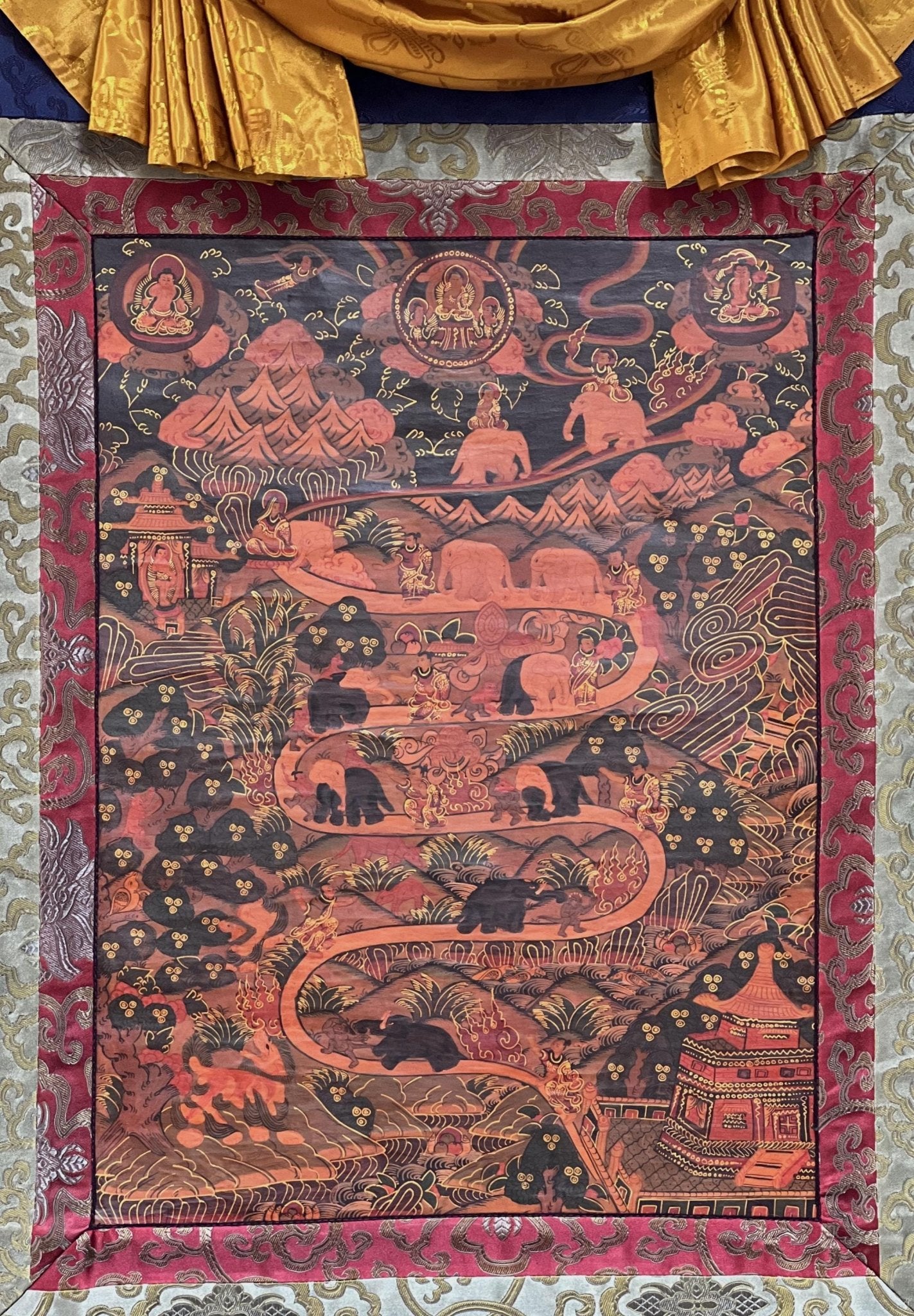 Original Hand - painted Elephant Path Samatha Meditation / Way to Nirvana Old Oil - Varnished Tibetan Thangka Painting with Silk Brocade - Tibetan Thangka Art